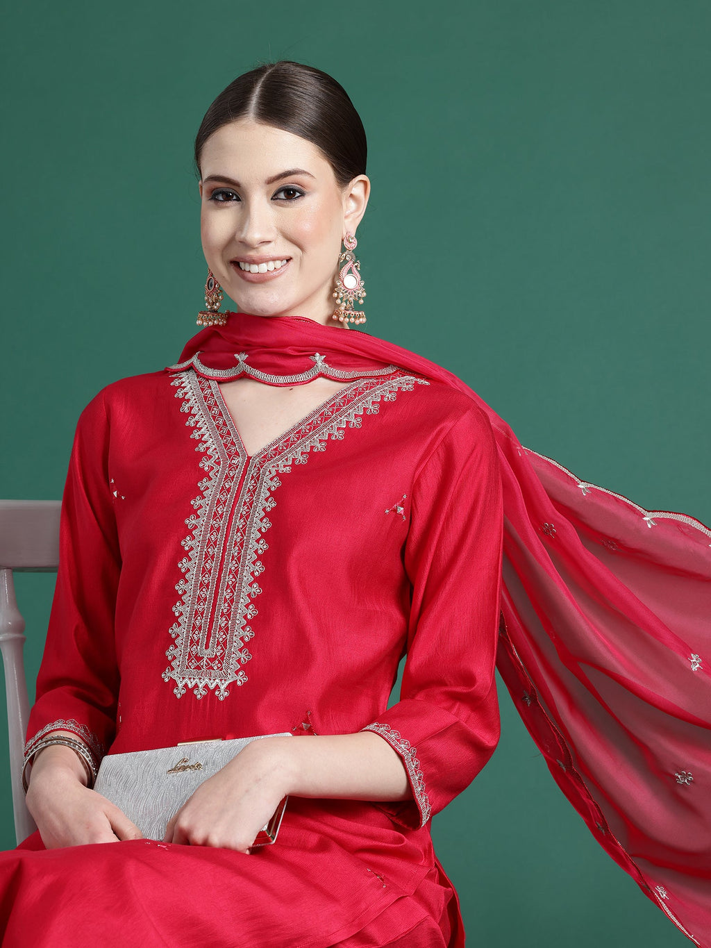 Indo Era Pink Embroidered Straight Kurta Trousers With Dupatta set