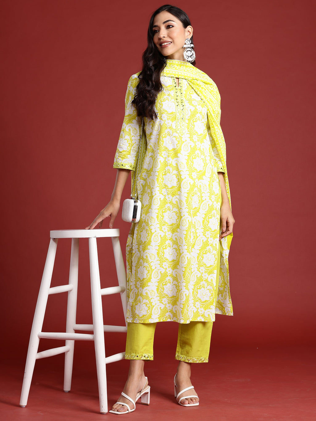 Indo Era Green Printed Straight Kurta Trousers With Dupatta set