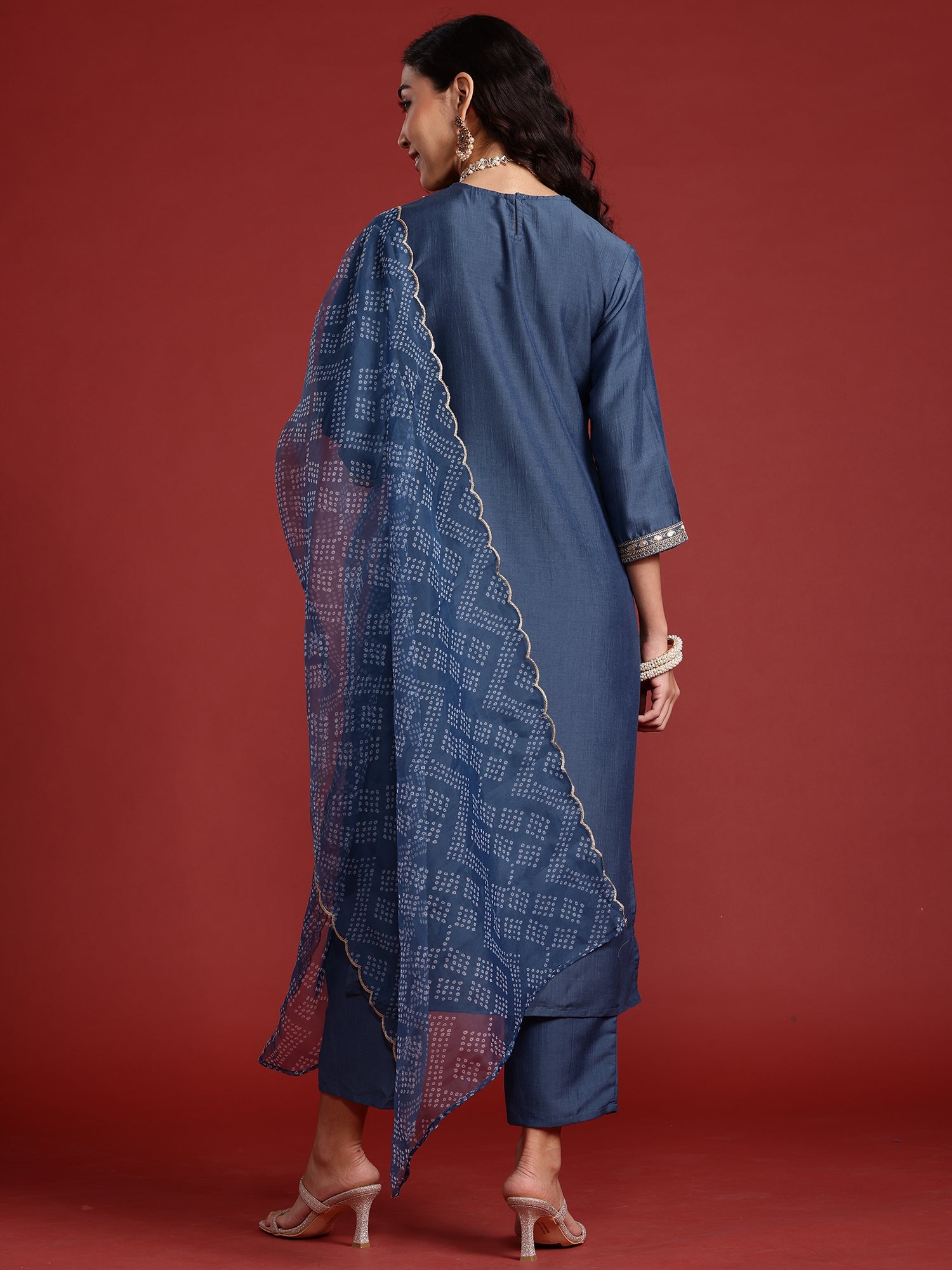 Indo Era Grey Embroidered Straight Kurta Trousers With Dupatta set