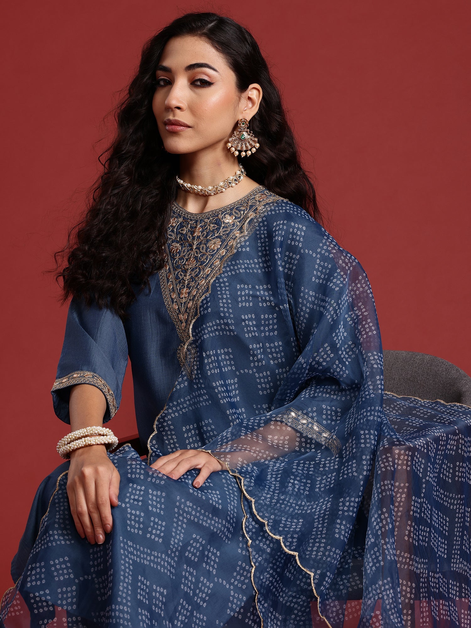 Indo Era Grey Embroidered Straight Kurta Trousers With Dupatta set