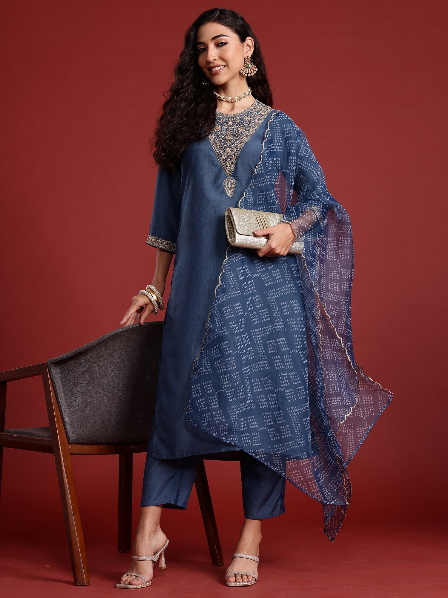 Indo Era Grey Embroidered Straight Kurta Trousers With Dupatta set