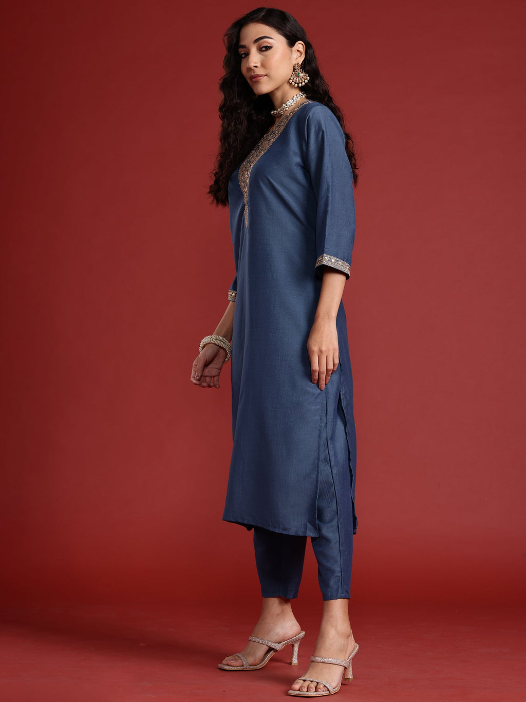 Indo Era Grey Embroidered Straight Kurta Trousers With Dupatta set