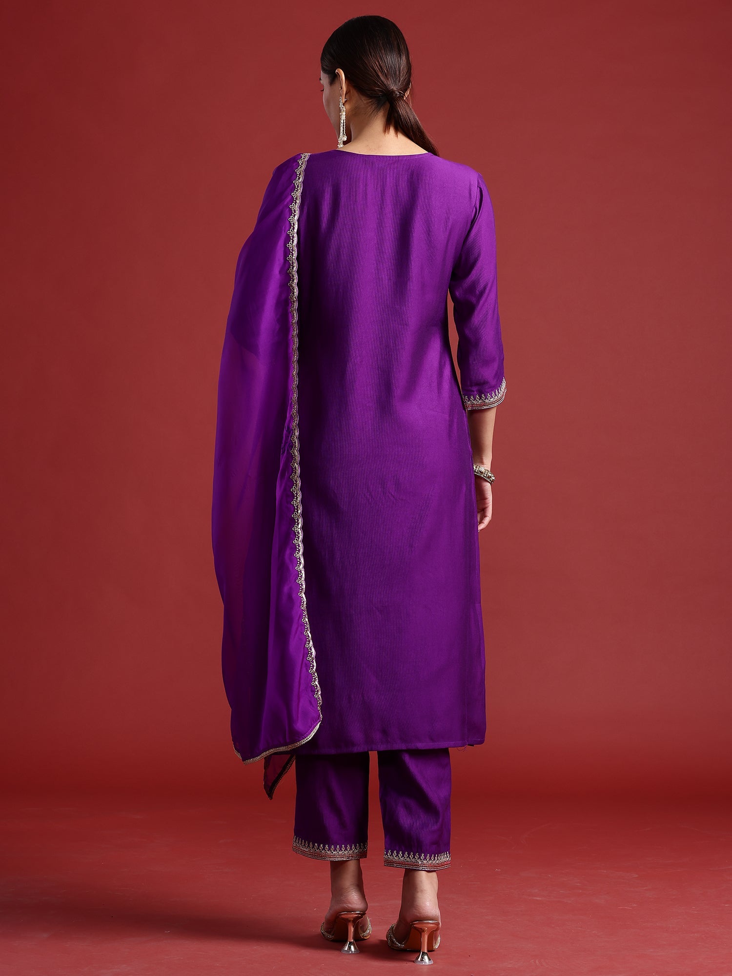 Indo Era Purple Embroidered Straight Kurta Trousers With Dupatta set