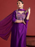 Indo Era Purple Embroidered Straight Kurta Trousers With Dupatta set