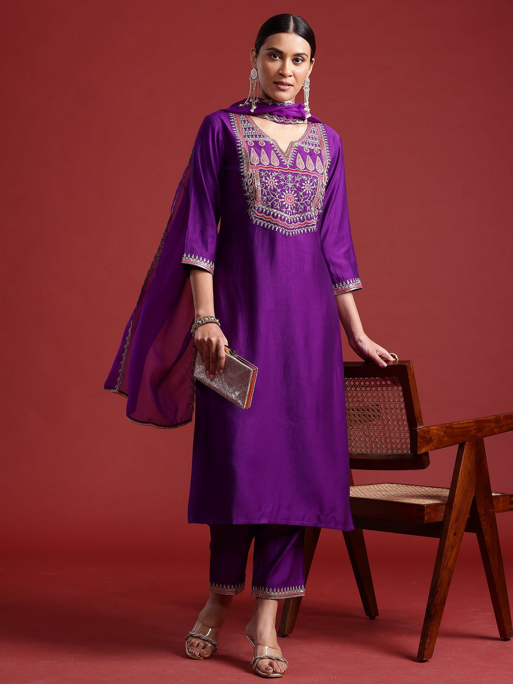 Indo Era Purple Embroidered Straight Kurta Trousers With Dupatta set