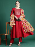 Indo Era Red Embroidered A-Line Kurta Trousers With Dupatta set