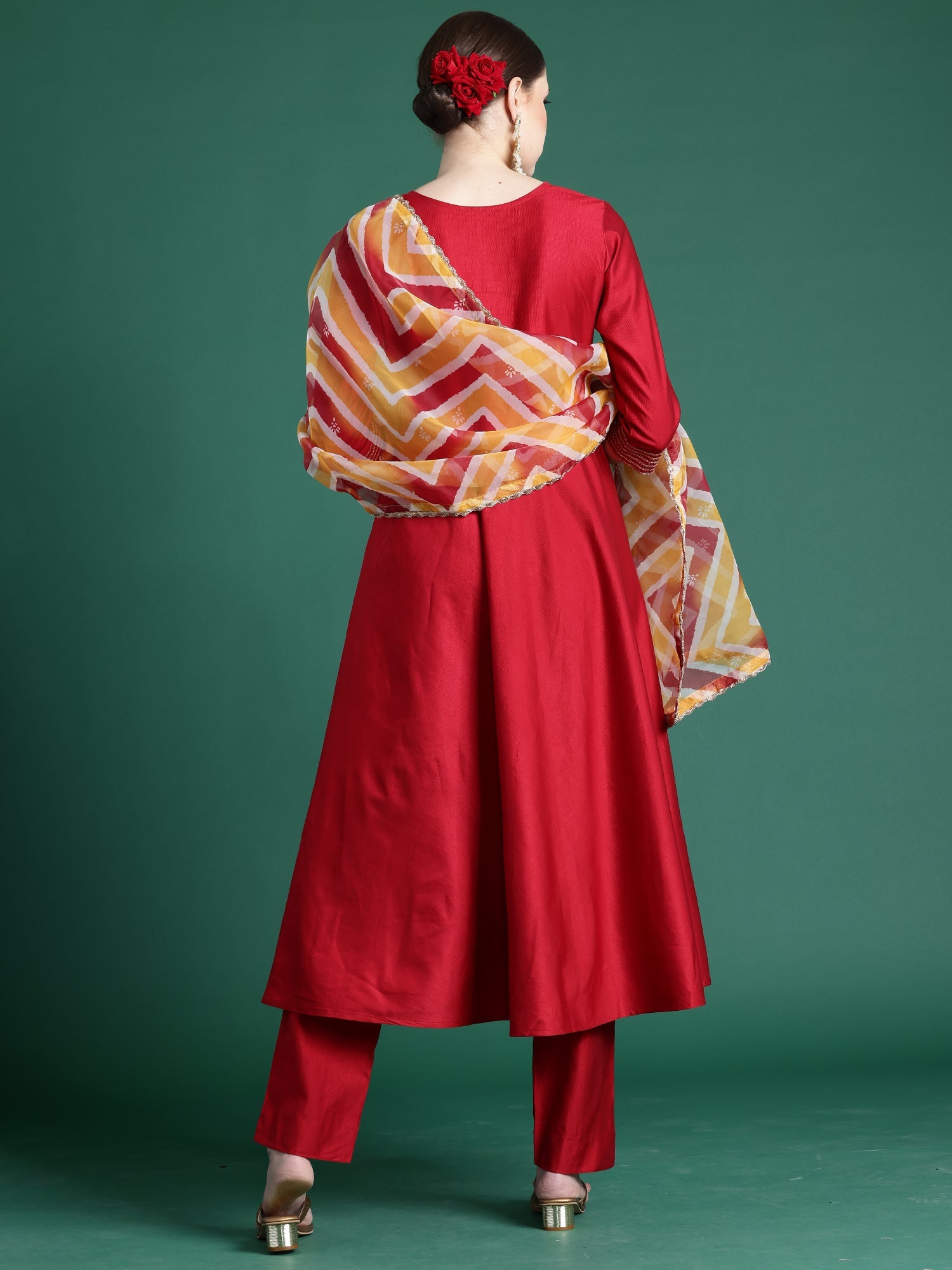 Indo Era Red Embroidered A-Line Kurta Trousers With Dupatta set
