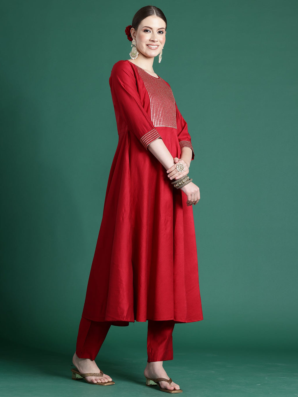 Indo Era Red Embroidered A-Line Kurta Trousers With Dupatta set