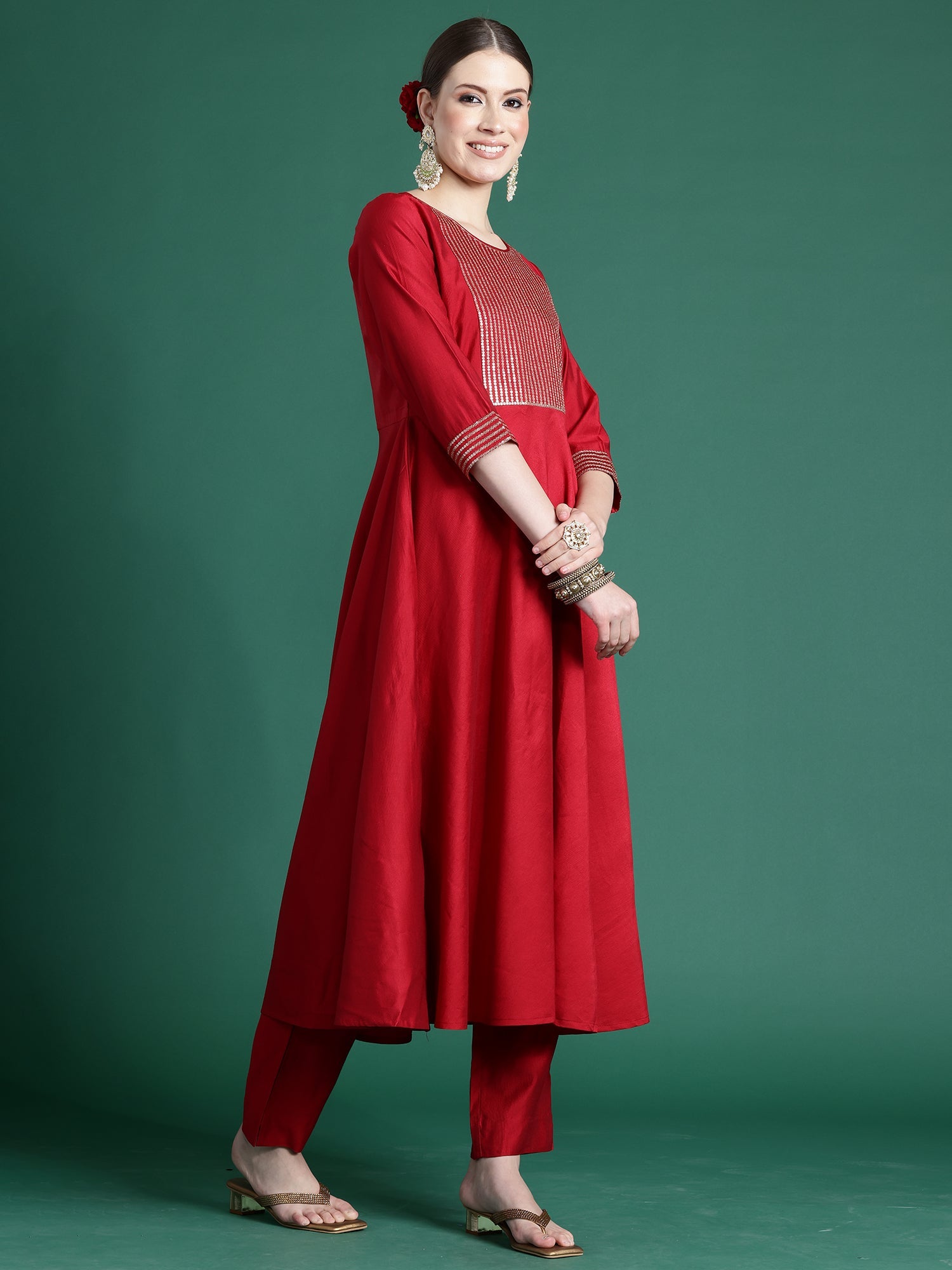 Indo Era Red Embroidered A-Line Kurta Trousers With Dupatta set