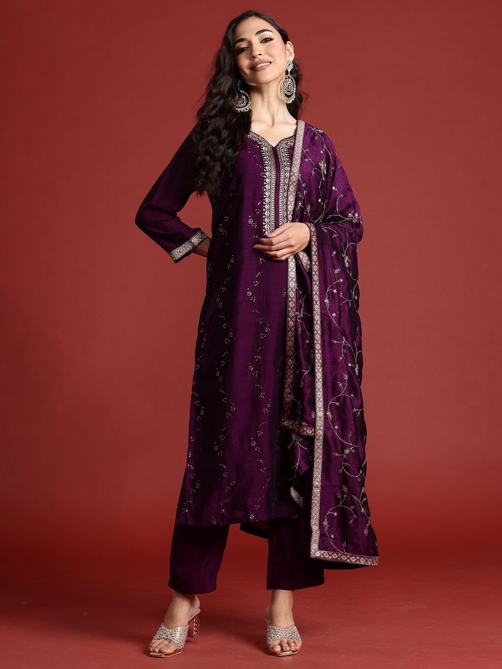 Indo Era Purple Embroidered Straight Kurta Trousers With Dupatta set