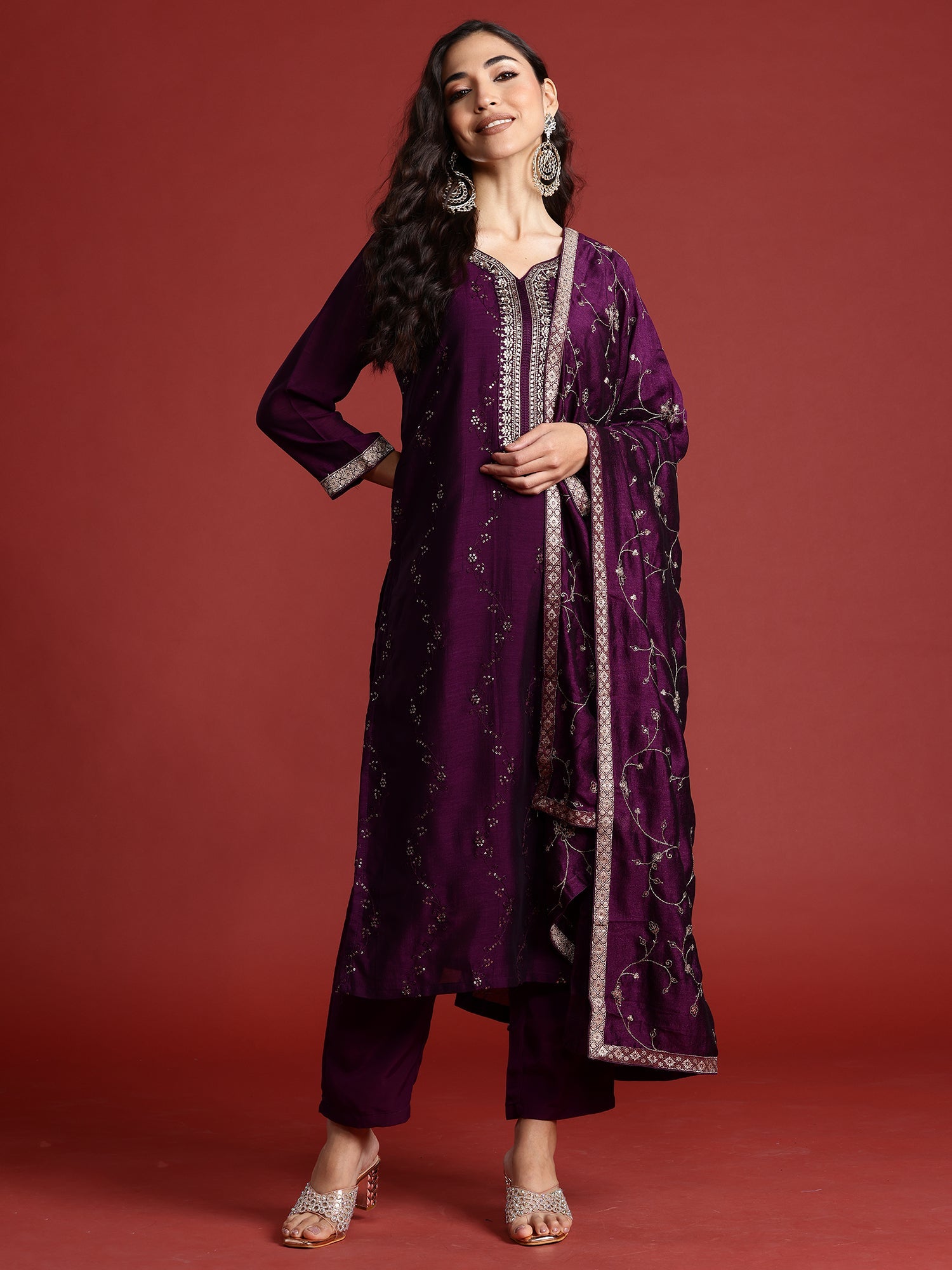 Indo Era Purple Embroidered Straight Kurta Trousers With Dupatta set