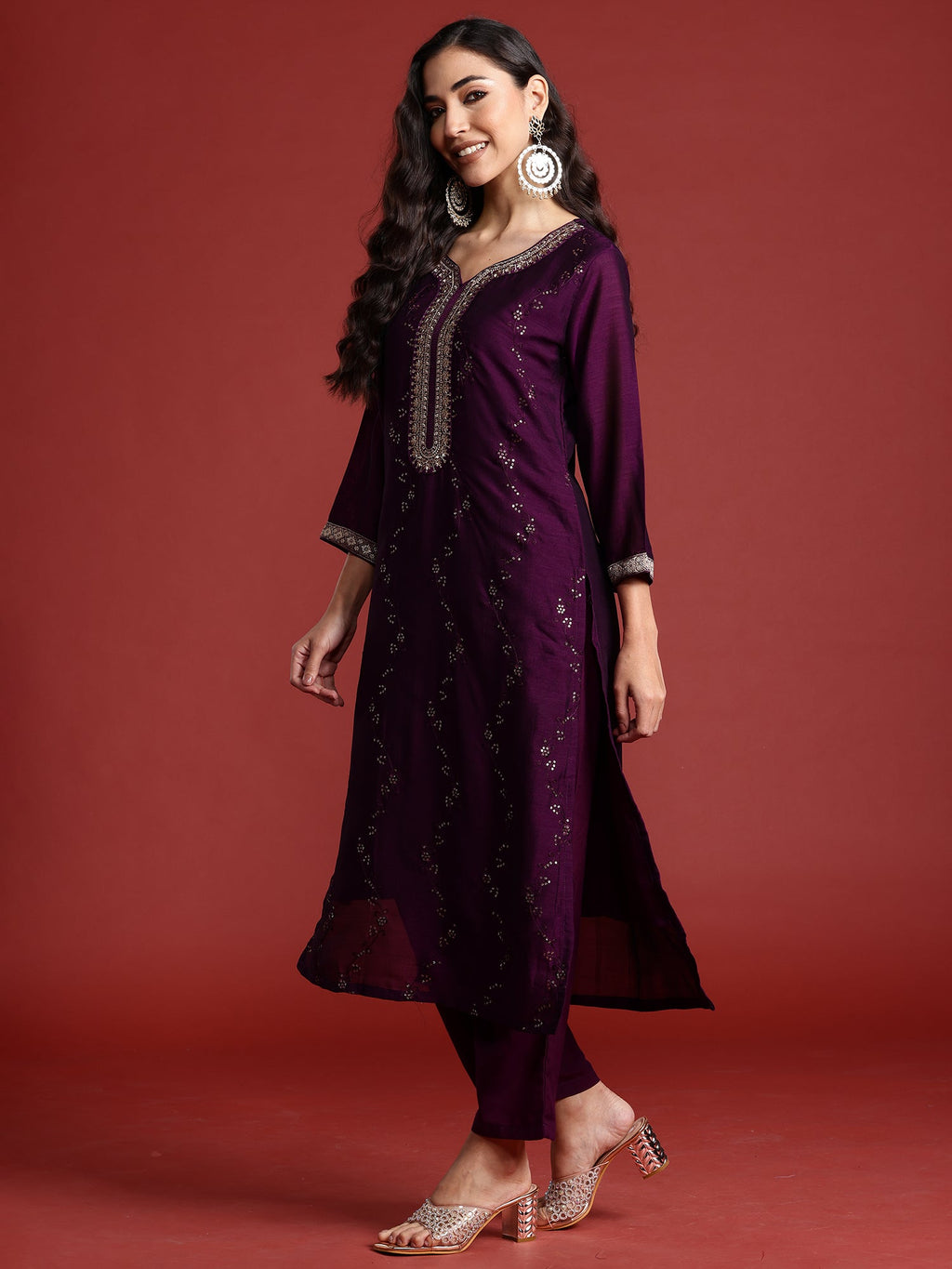Indo Era Purple Embroidered Straight Kurta Trousers With Dupatta set