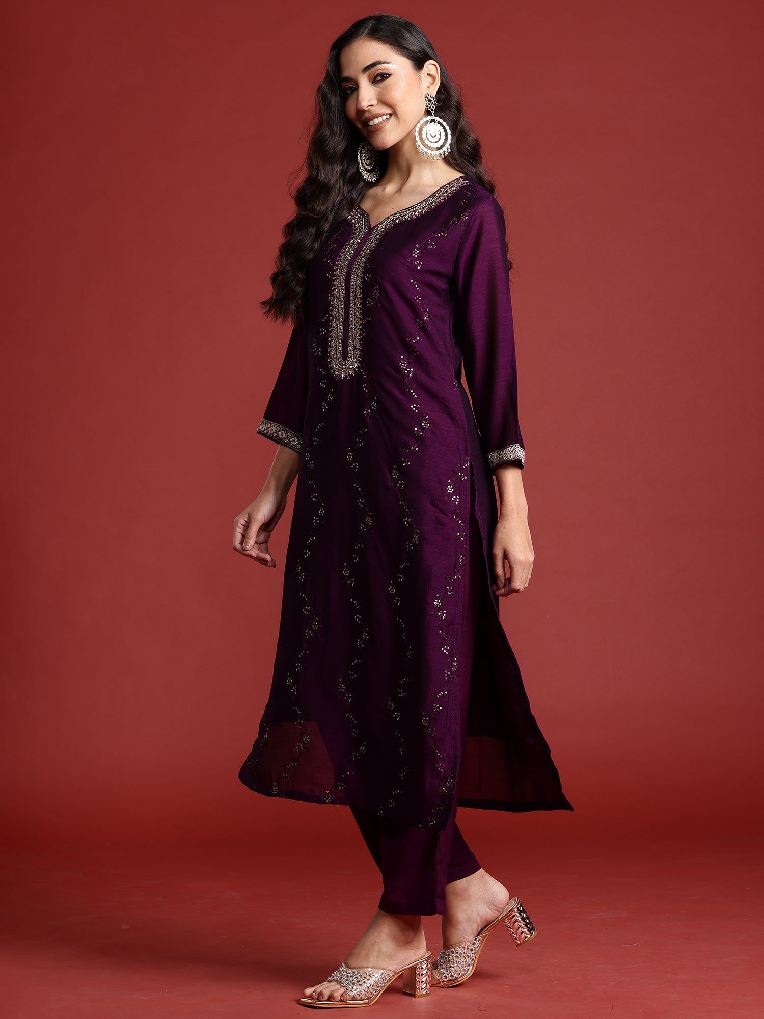 Indo Era Purple Embroidered Straight Kurta Trousers With Dupatta set