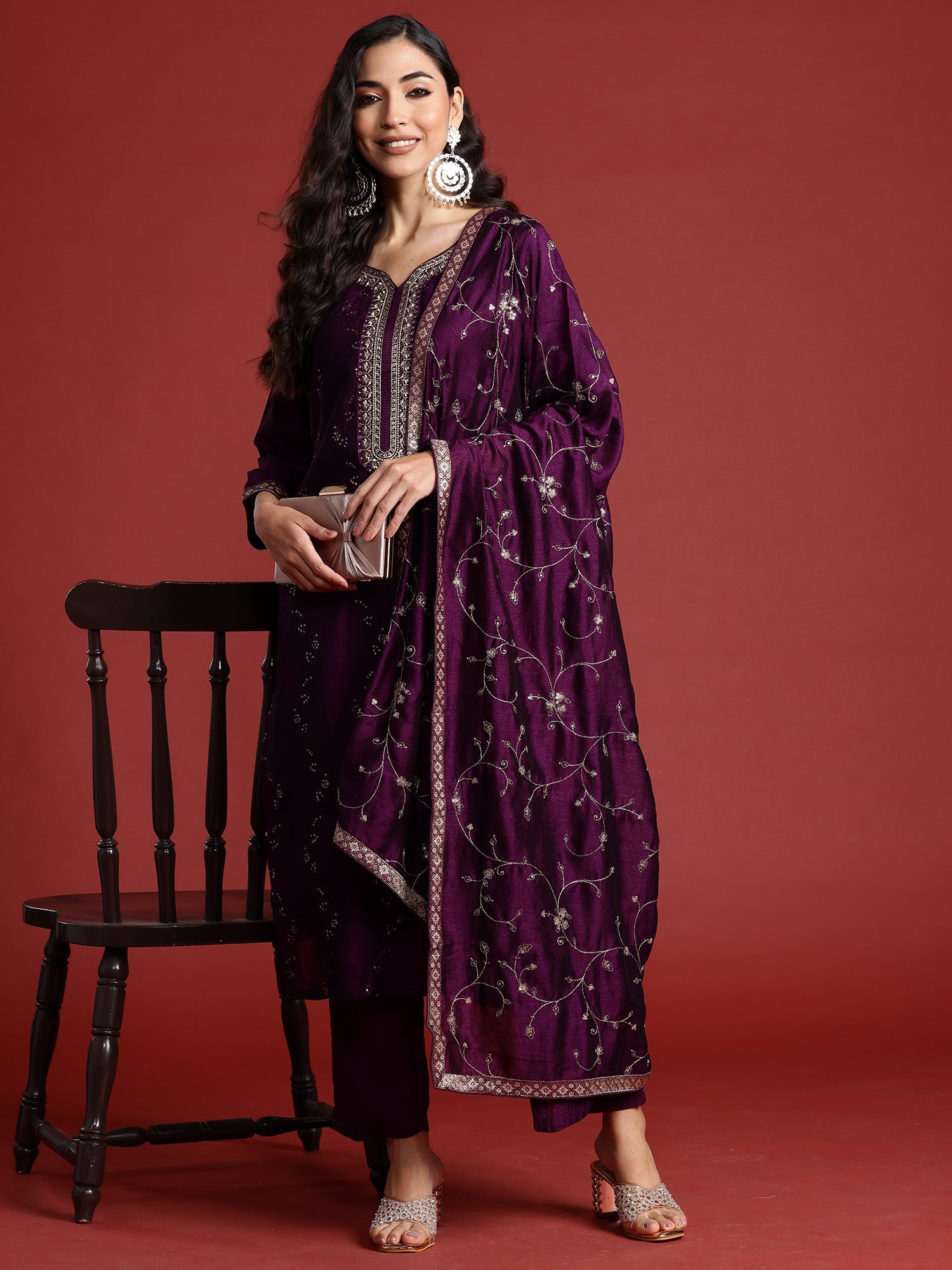 Indo Era Purple Embroidered Straight Kurta Trousers With Dupatta set