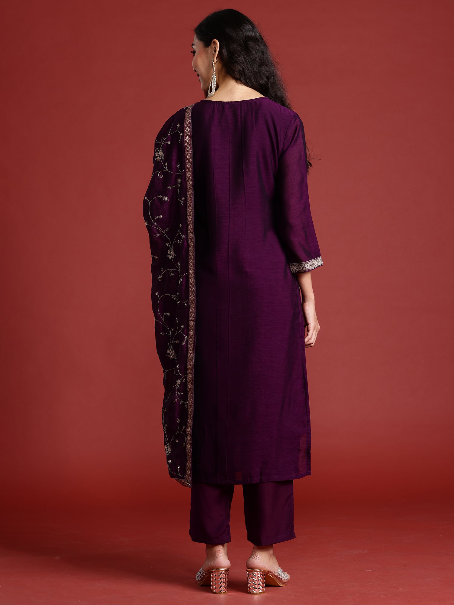 Indo Era Purple Embroidered Straight Kurta Trousers With Dupatta set