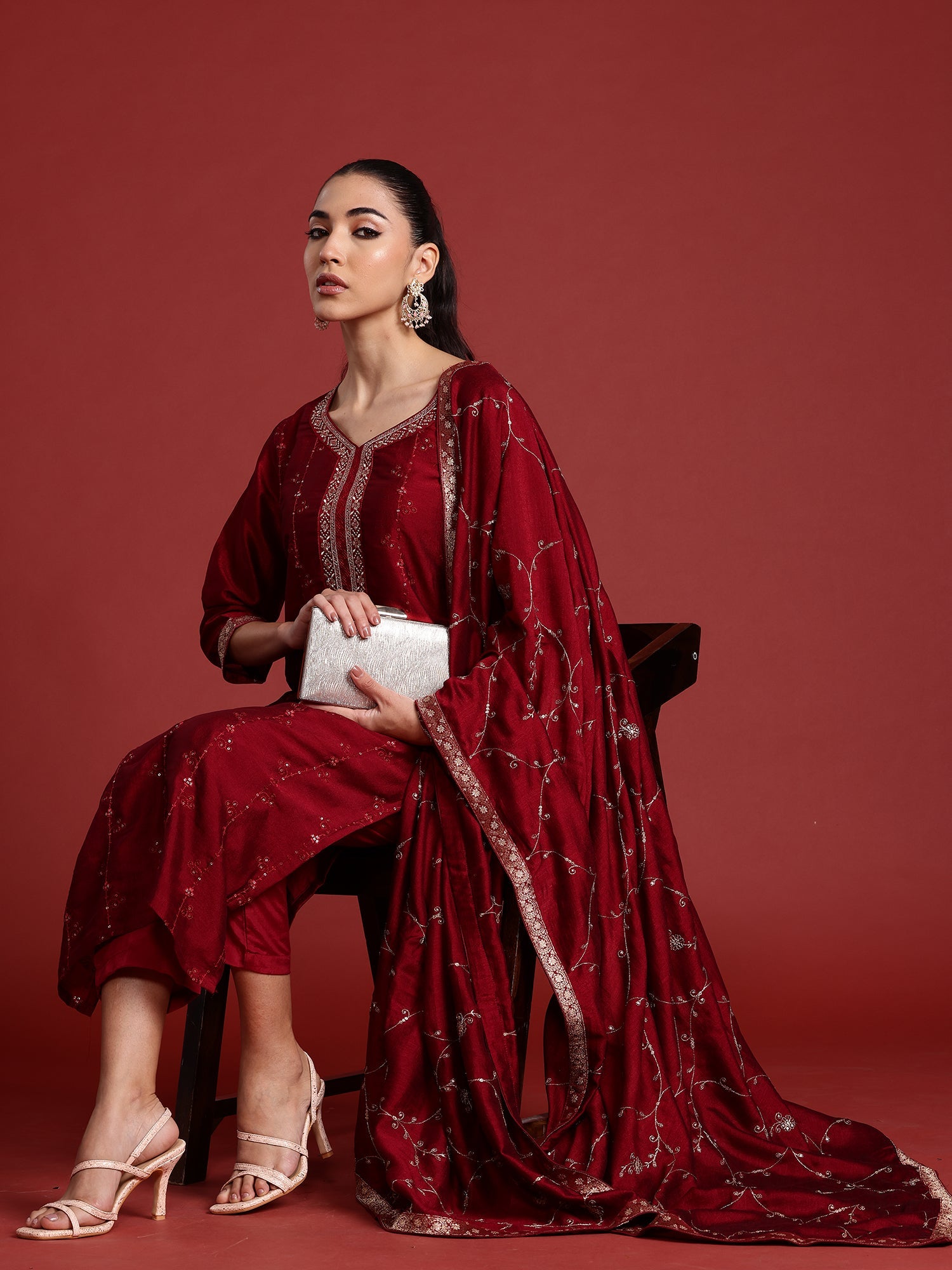 Indo Era Maroon Embroidered Straight Kurta Trousers With Dupatta set