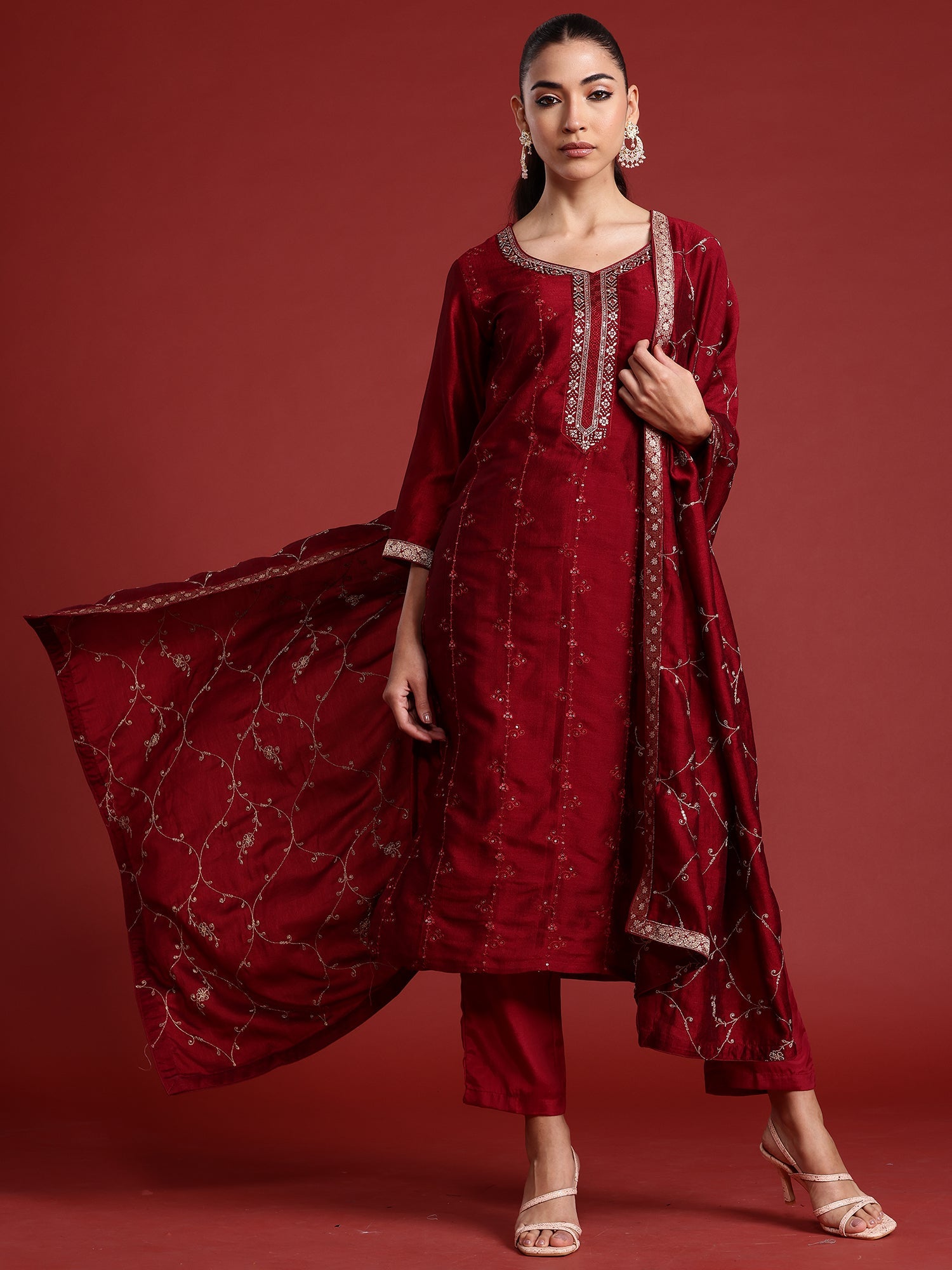 Indo Era Maroon Embroidered Straight Kurta Trousers With Dupatta set
