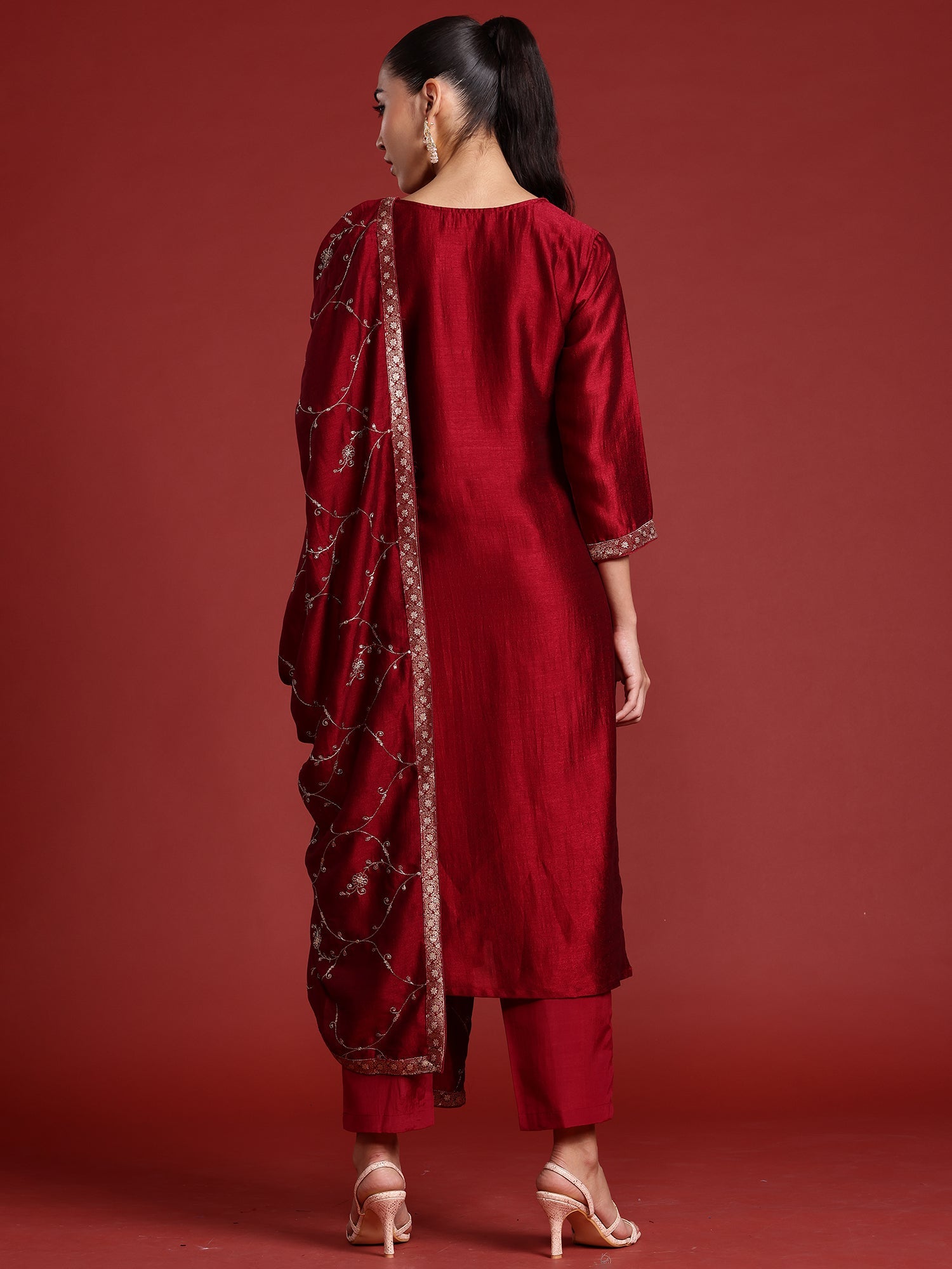 Indo Era Maroon Embroidered Straight Kurta Trousers With Dupatta set
