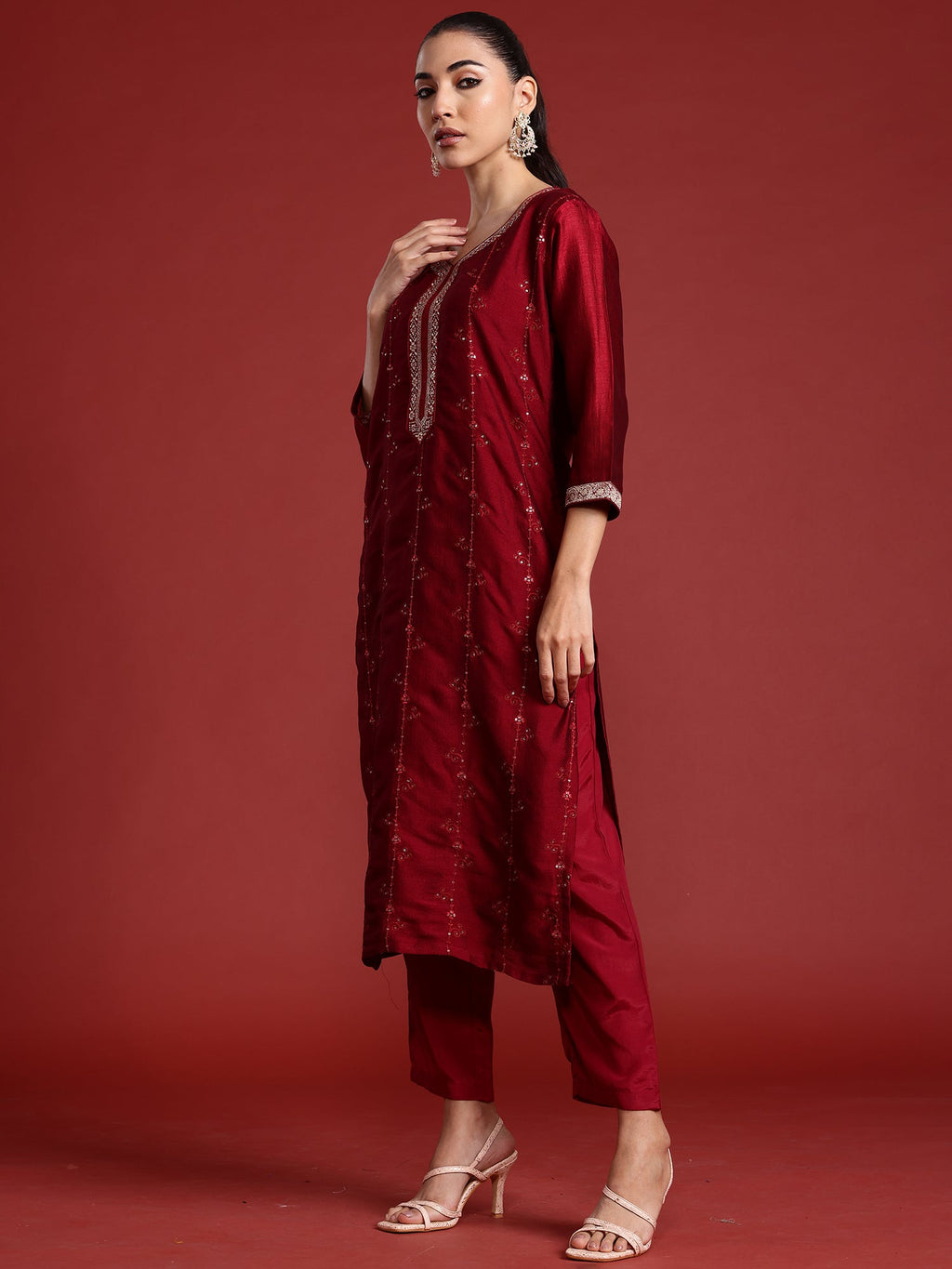 Indo Era Maroon Embroidered Straight Kurta Trousers With Dupatta set
