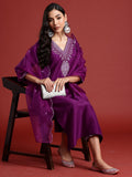 Indo Era Purple Embroidered Straight Kurta Trousers With Dupatta set