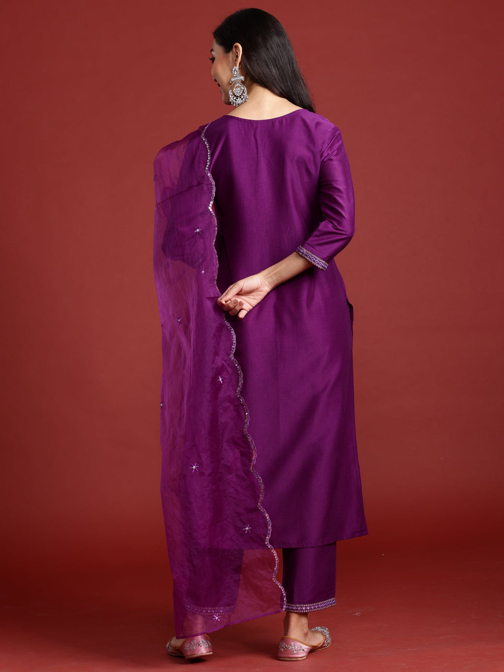 Indo Era Purple Embroidered Straight Kurta Trousers With Dupatta set