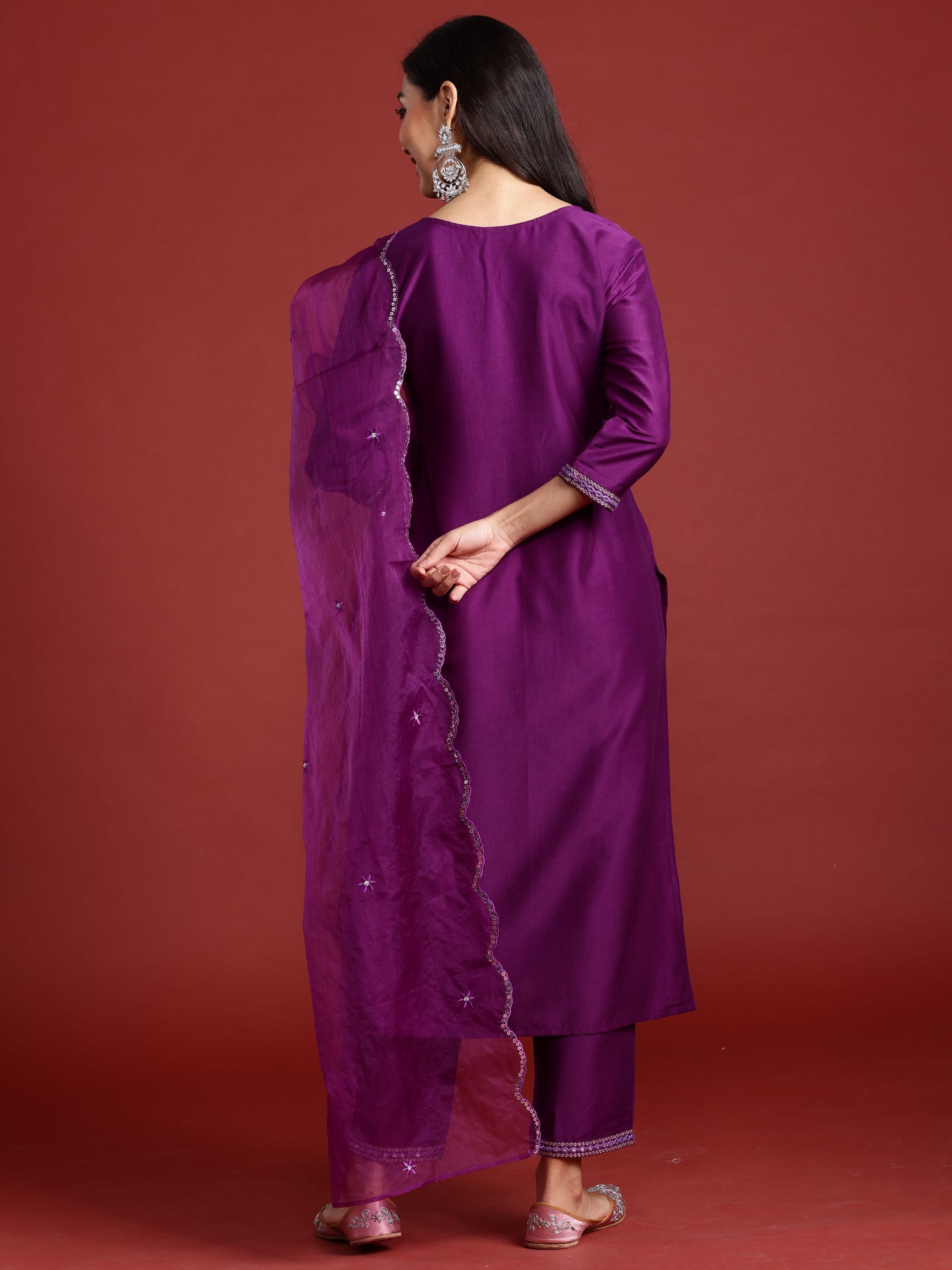 Indo Era Purple Embroidered Straight Kurta Trousers With Dupatta set