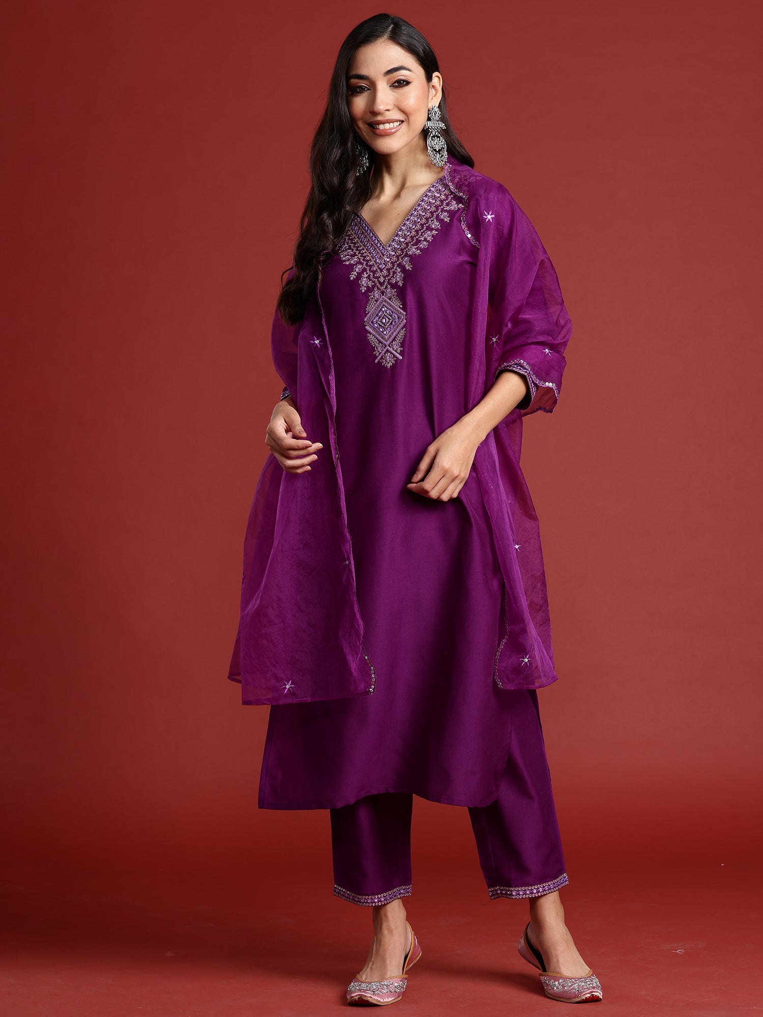 Indo Era Purple Embroidered Straight Kurta Trousers With Dupatta set