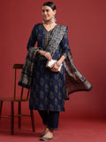 Indo Era Blue Printed Straight Kurta Trousers With Dupatta set