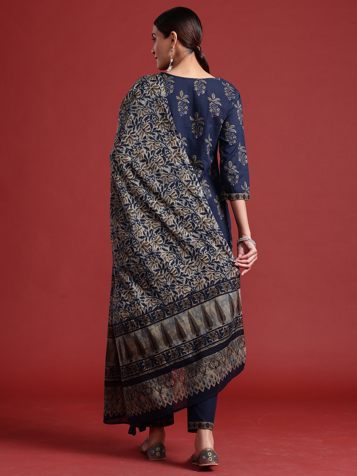 Indo Era Blue Printed Straight Kurta Trousers With Dupatta set