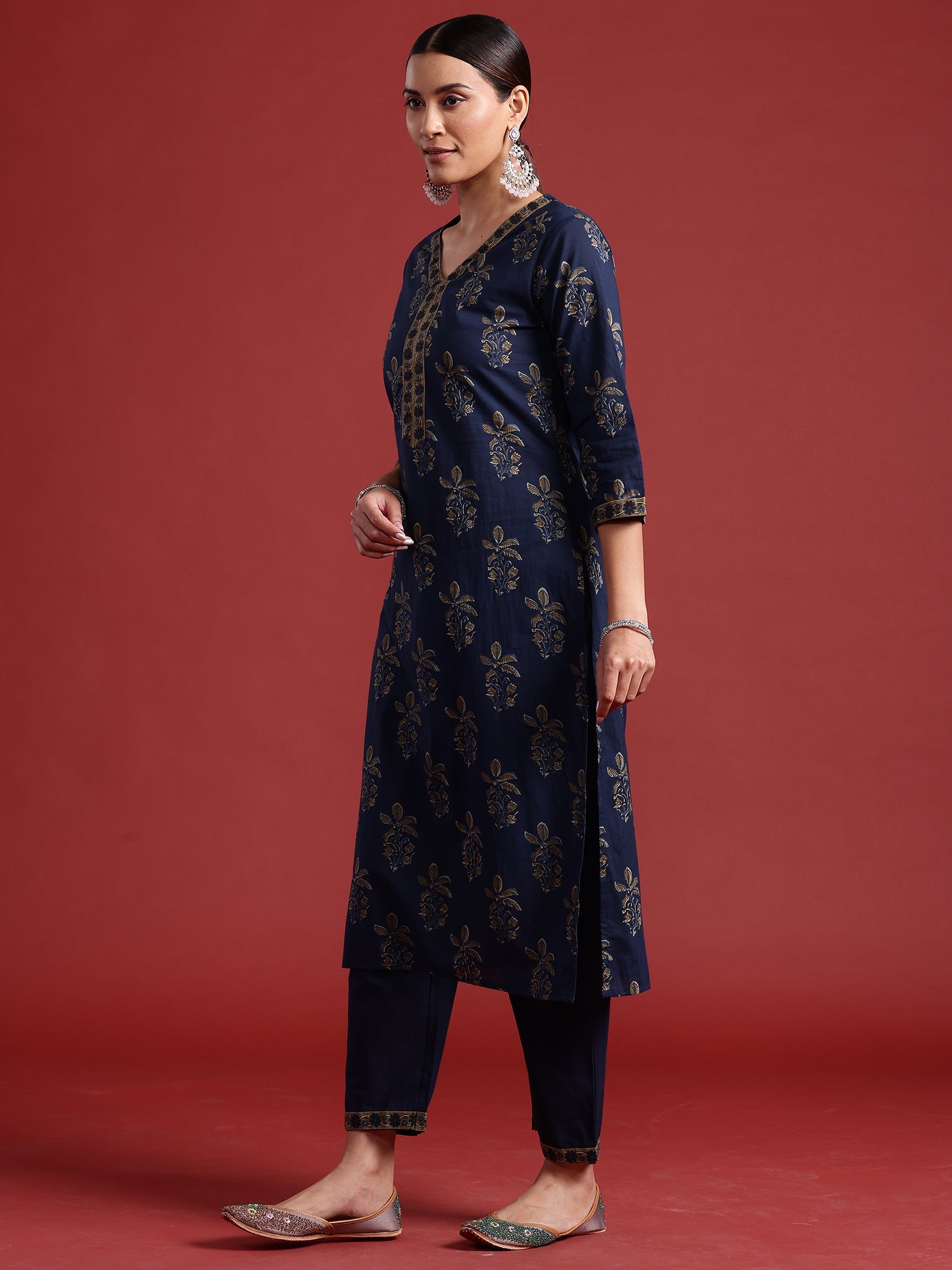 Indo Era Blue Printed Straight Kurta Trousers With Dupatta set