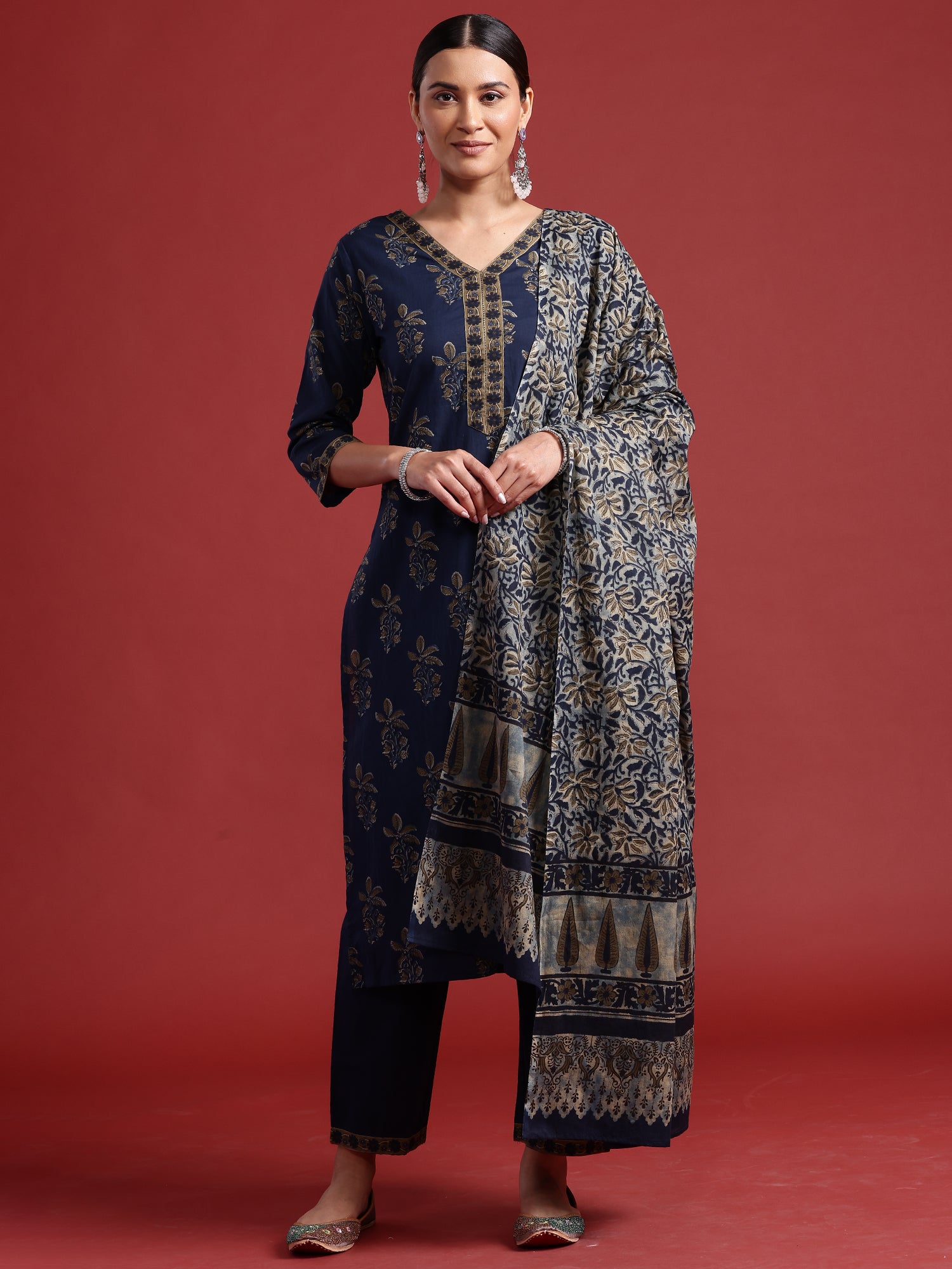 Indo Era Blue Printed Straight Kurta Trousers With Dupatta set