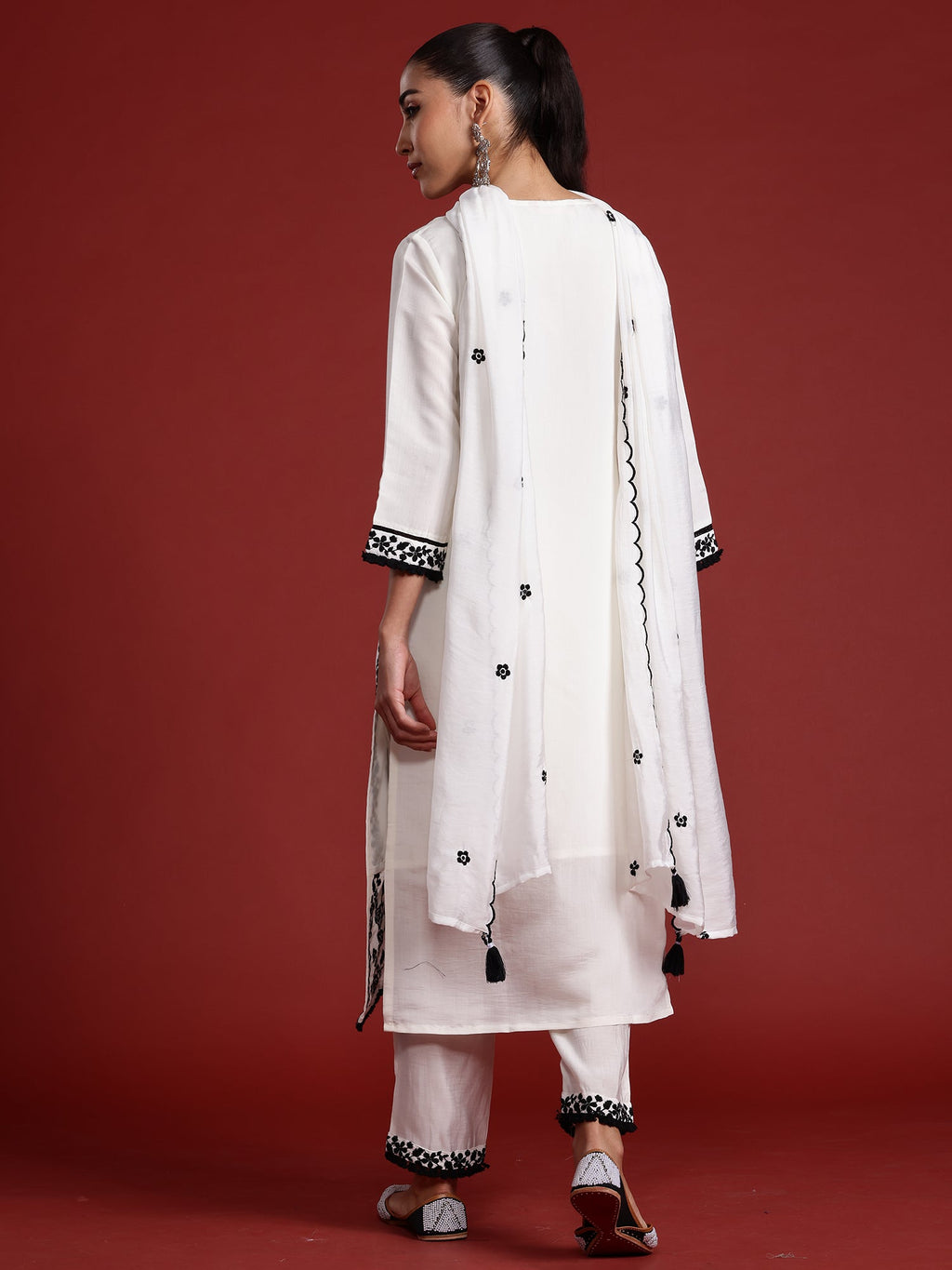 Indo Era White Embroidered Straight Kurta Trousers With Dupatta Set