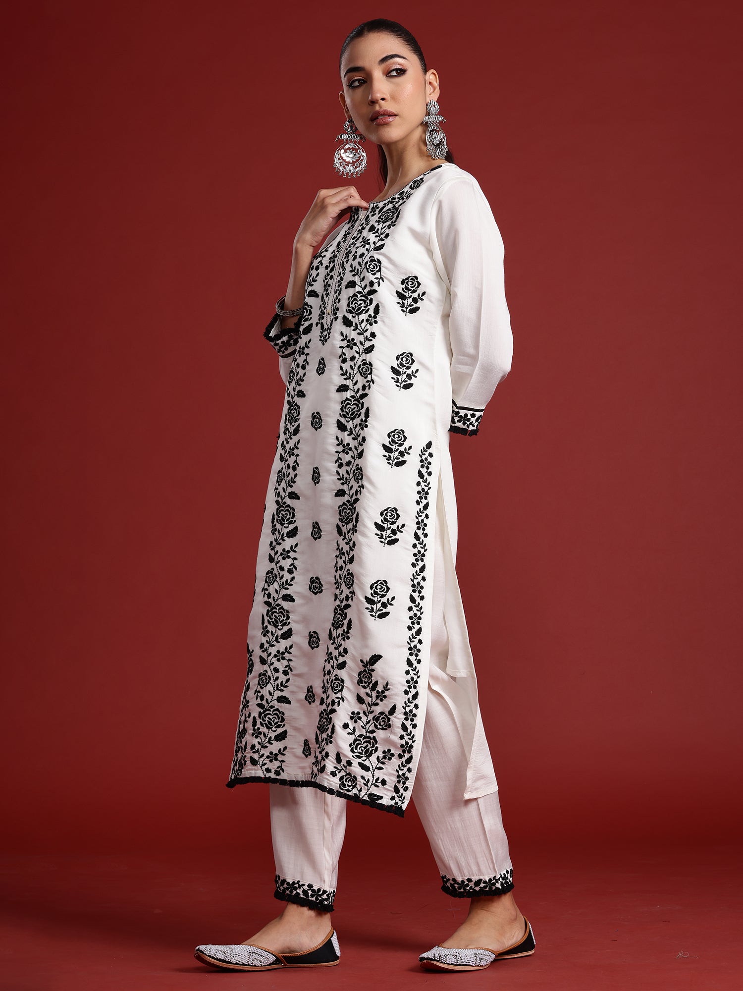Indo Era White Embroidered Straight Kurta Trousers With Dupatta Set