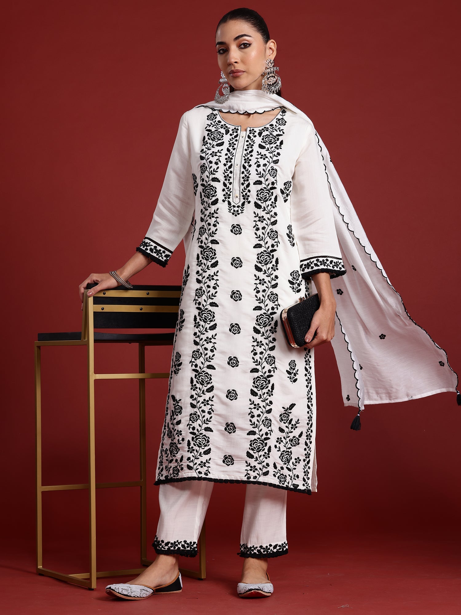 Indo Era White Embroidered Straight Kurta Trousers With Dupatta Set