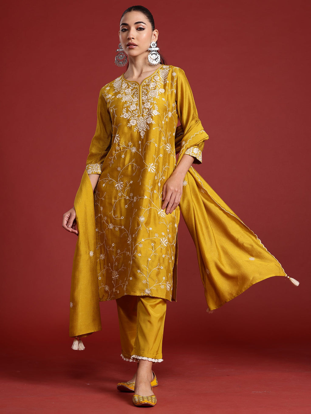 Indo Era Yellow Embroidered Straight Kurta Trousers With Dupatta Set