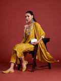 Indo Era Yellow Embroidered Straight Kurta Trousers With Dupatta Set