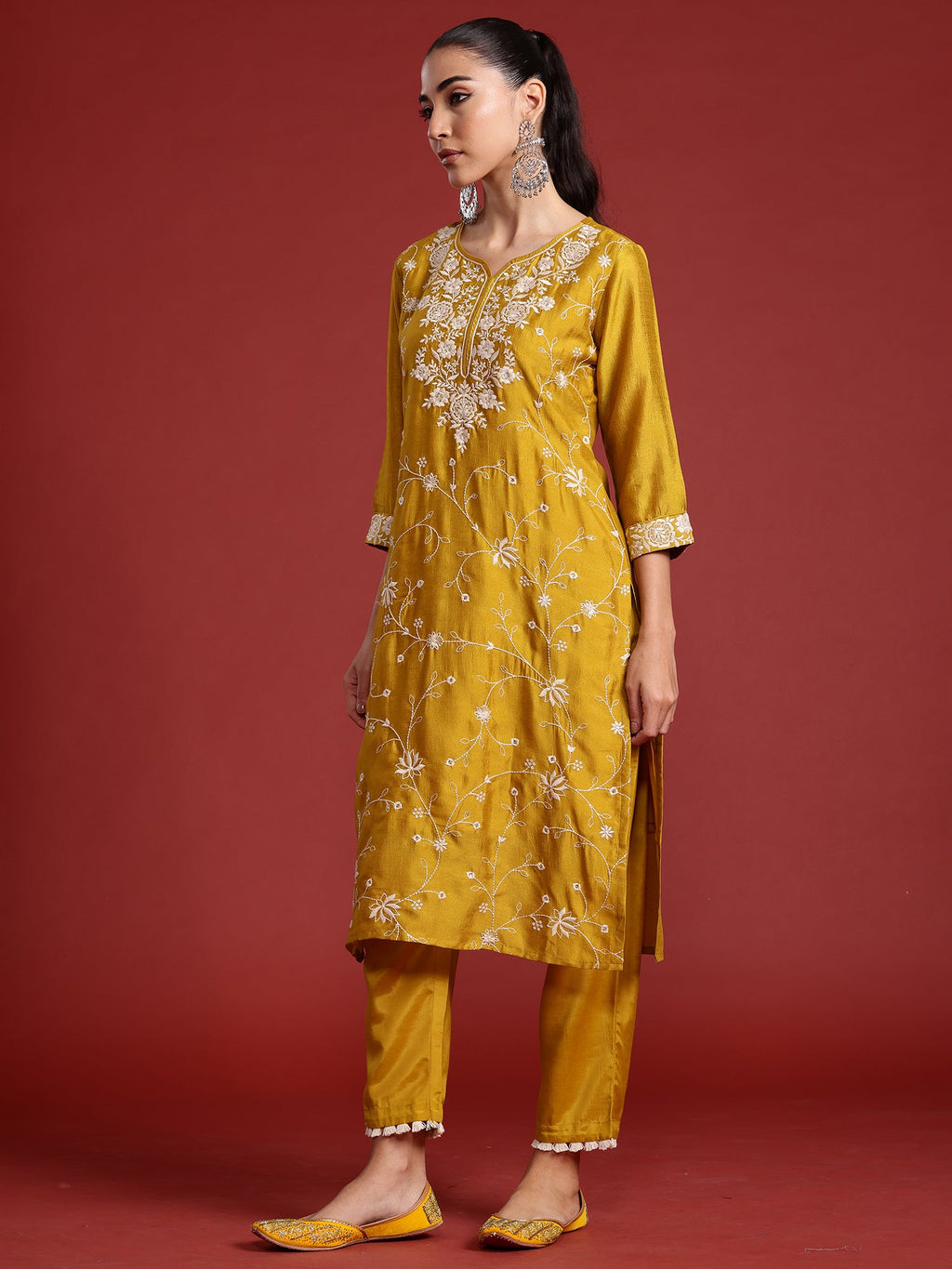Indo Era Yellow Embroidered Straight Kurta Trousers With Dupatta Set