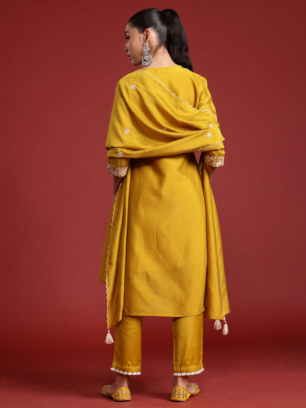 Indo Era Yellow Embroidered Straight Kurta Trousers With Dupatta Set