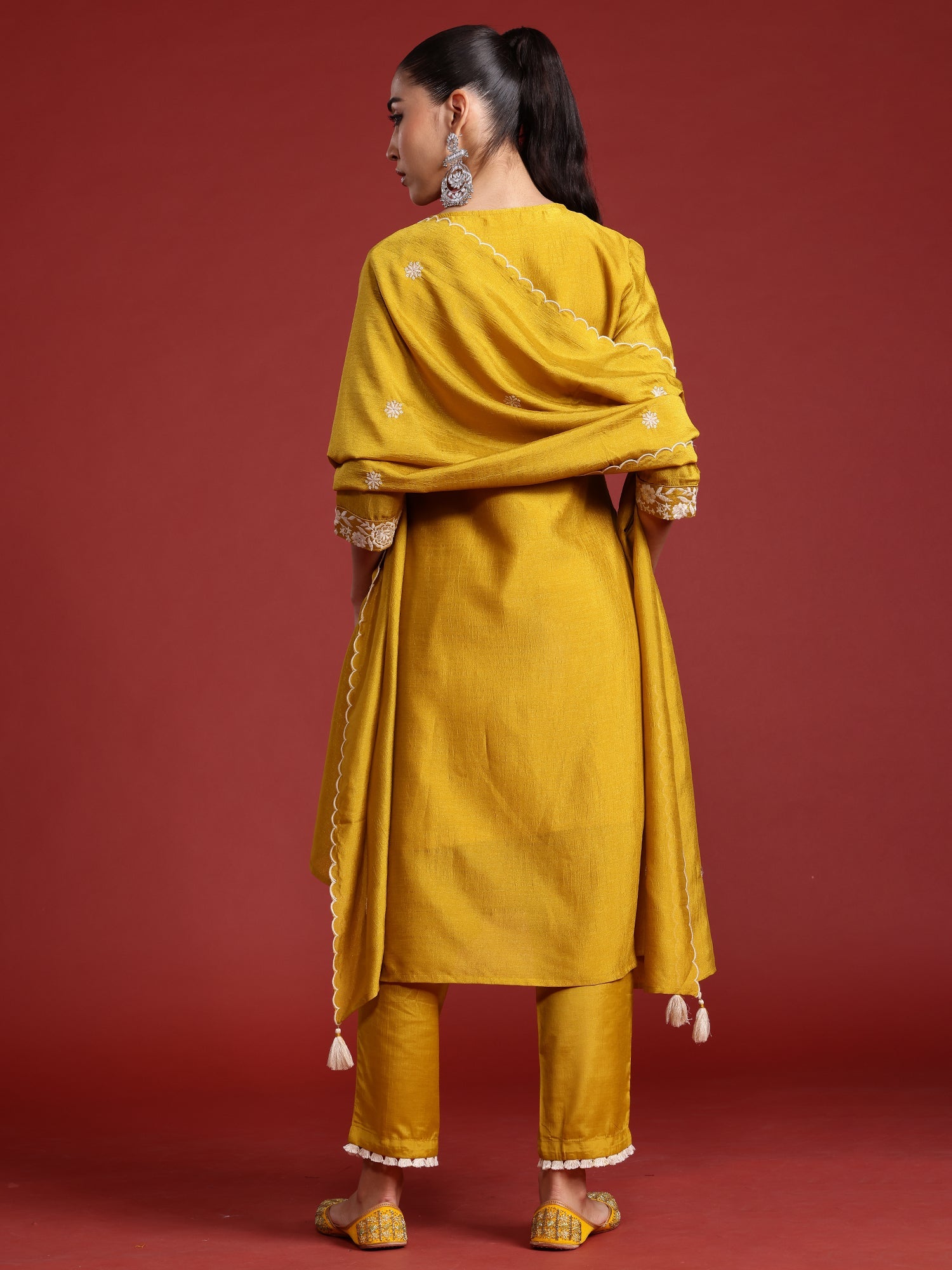 Indo Era Yellow Embroidered Straight Kurta Trousers With Dupatta Set