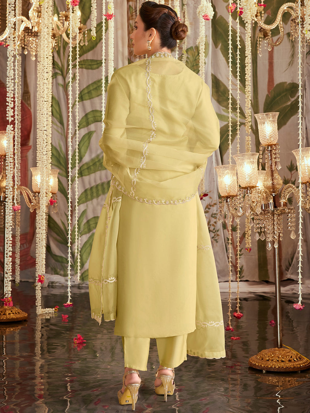 Indo Era Yellow Straight Embroidered Kurta Trousers With Dupatta Set