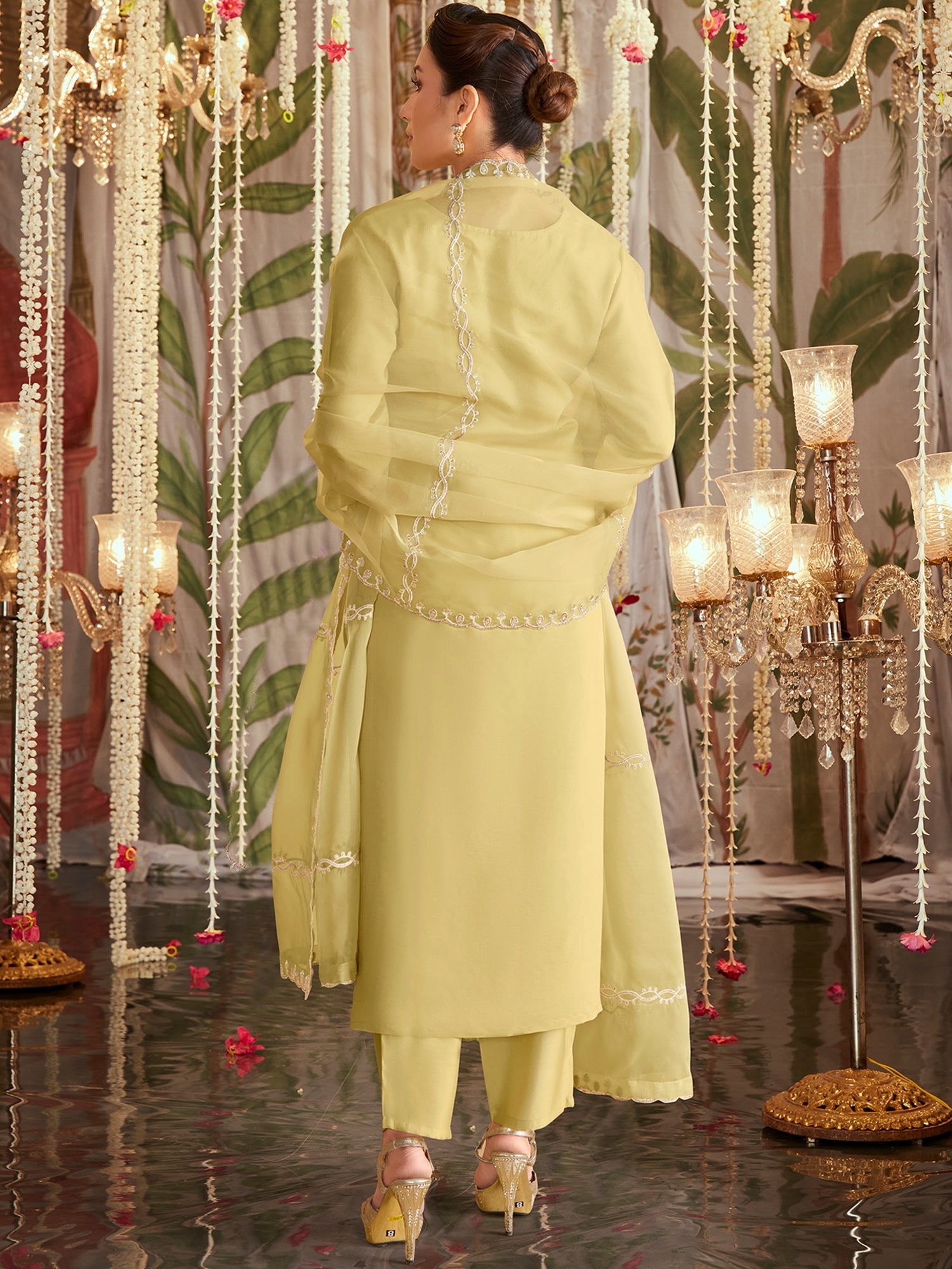 Indo Era Yellow Straight Embroidered Kurta Trousers With Dupatta Set