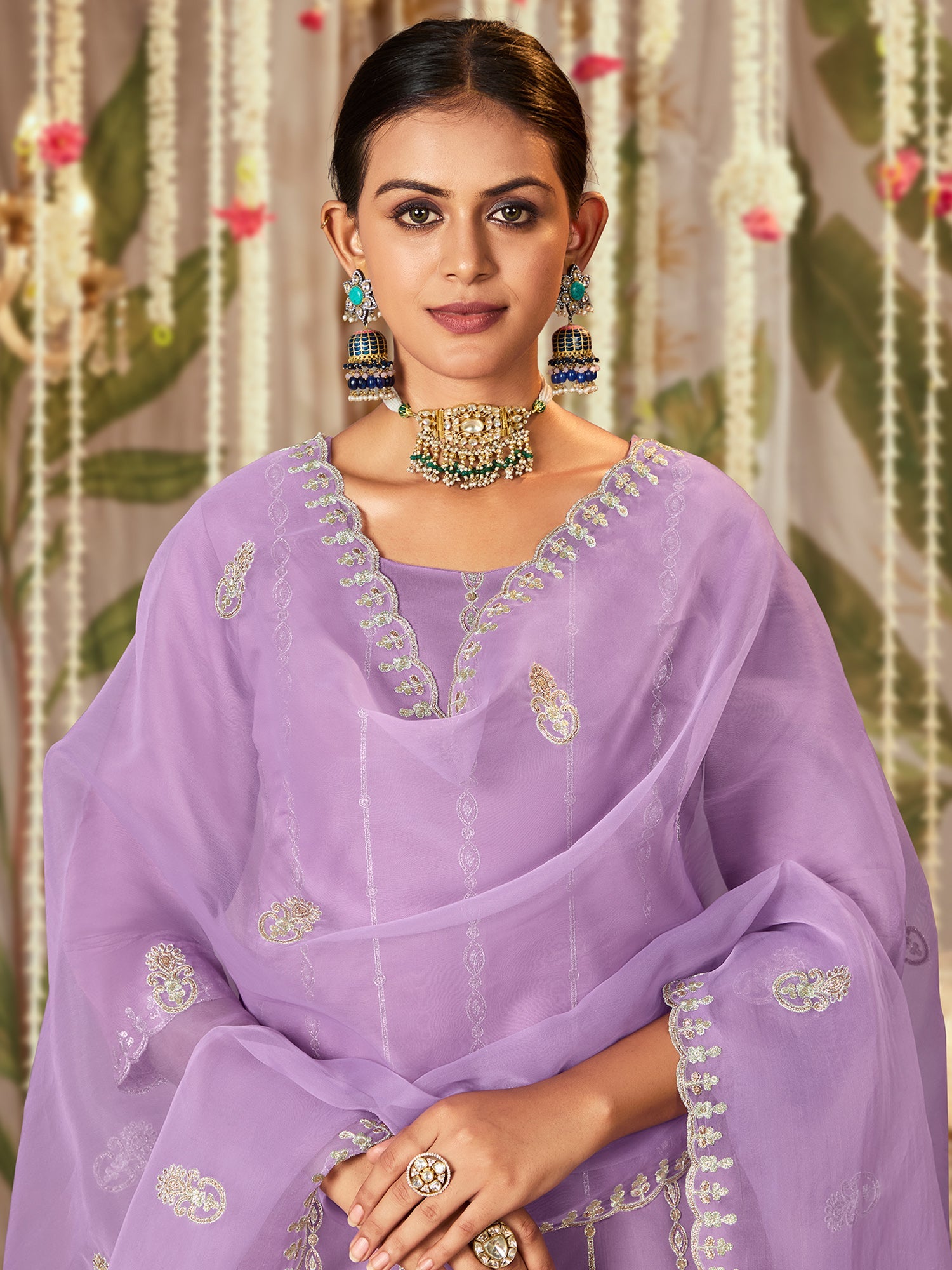 Indo Era Lavender Straight Embroidered Kurta Trousers With Dupatta Set