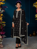 Indo Era Black Straight Embroidered Kurta Trousers With Dupatta Set