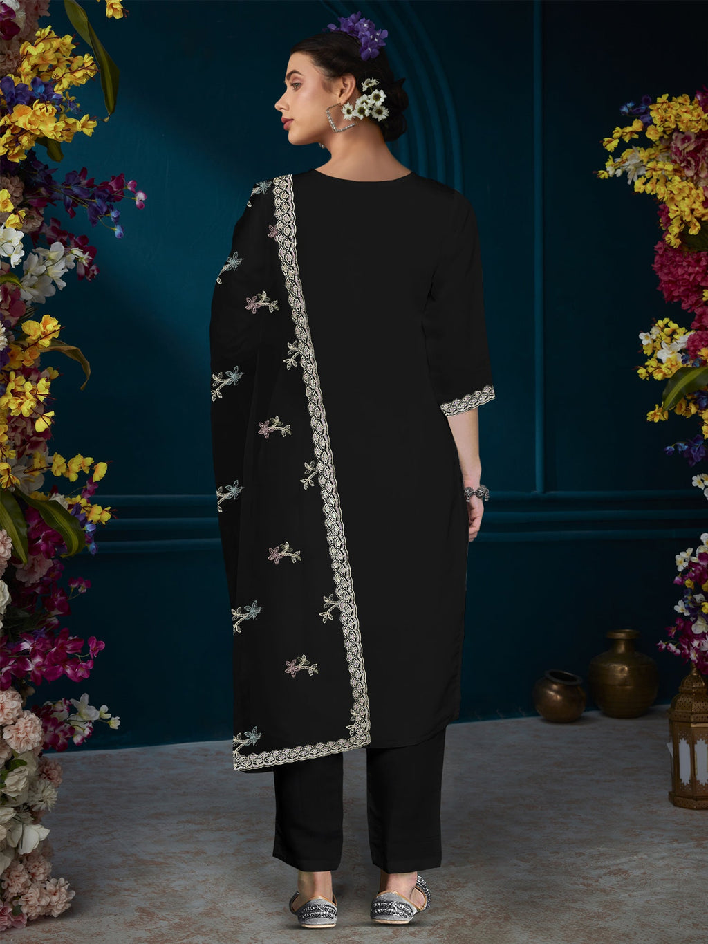 Indo Era Black Straight Embroidered Kurta Trousers With Dupatta Set