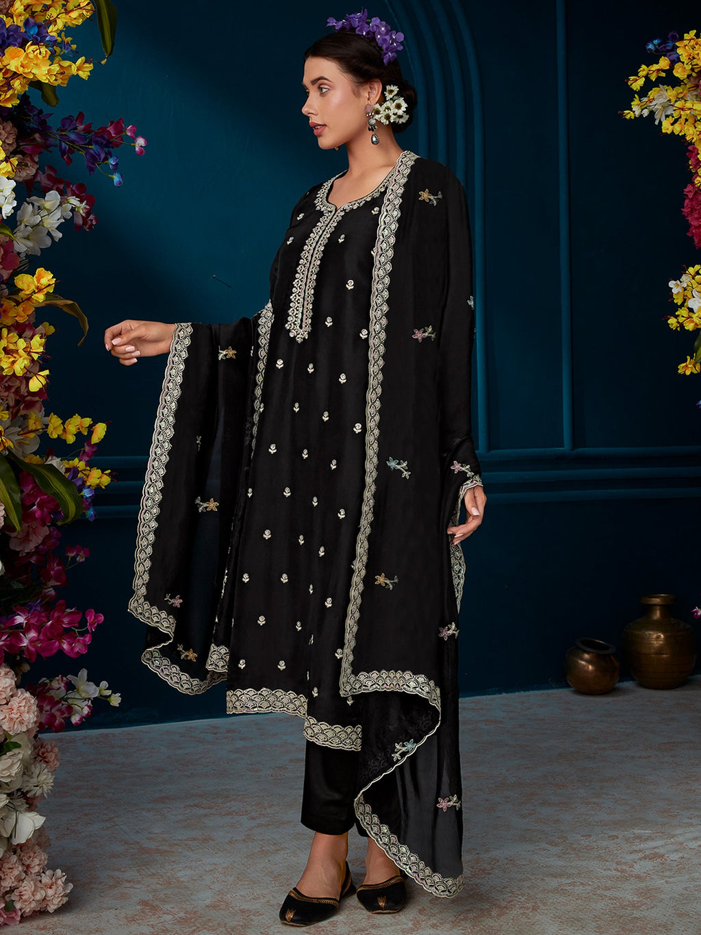 Indo Era Black Straight Embroidered Kurta Trousers With Dupatta Set
