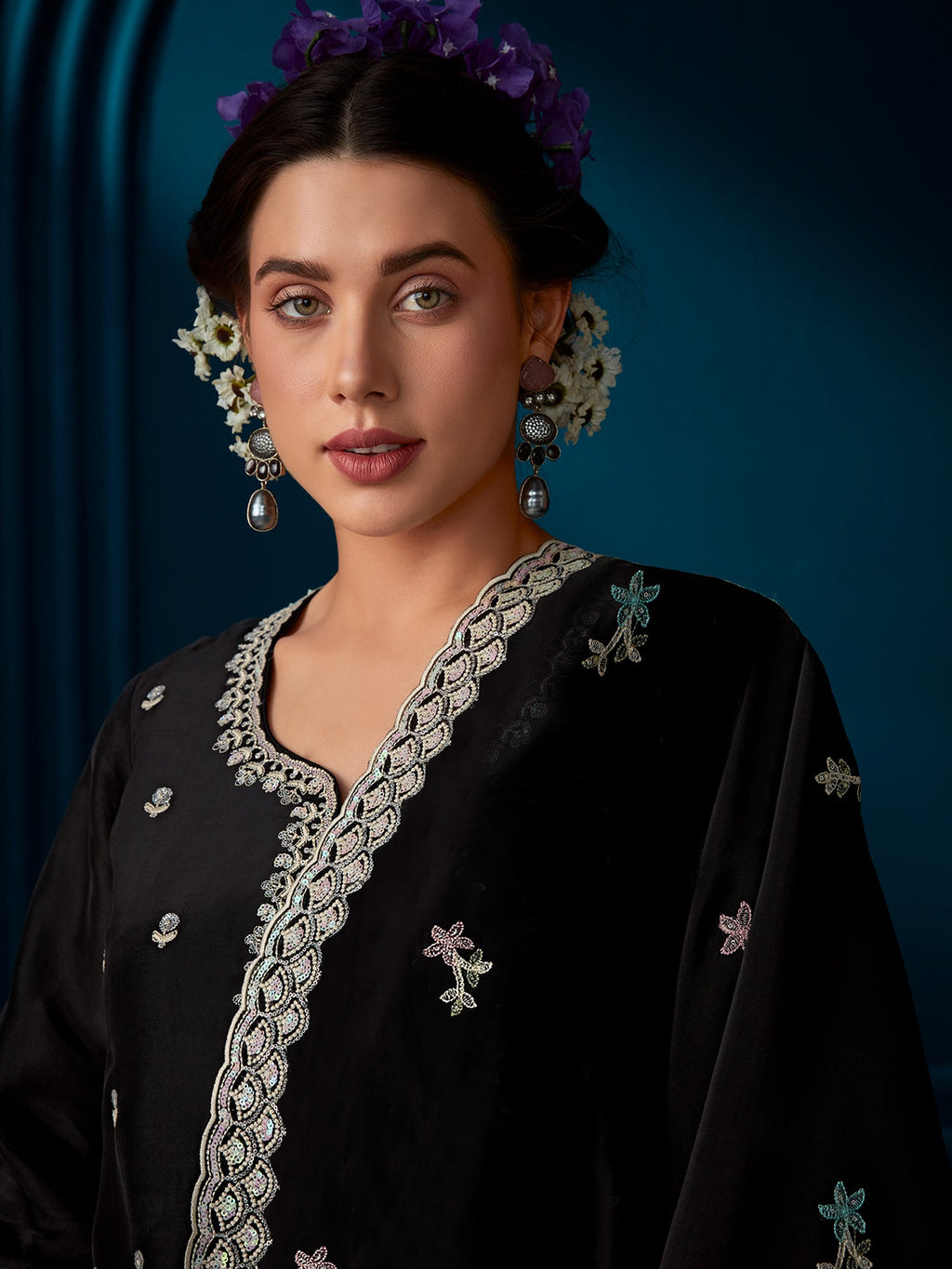 Indo Era Black Straight Embroidered Kurta Trousers With Dupatta Set