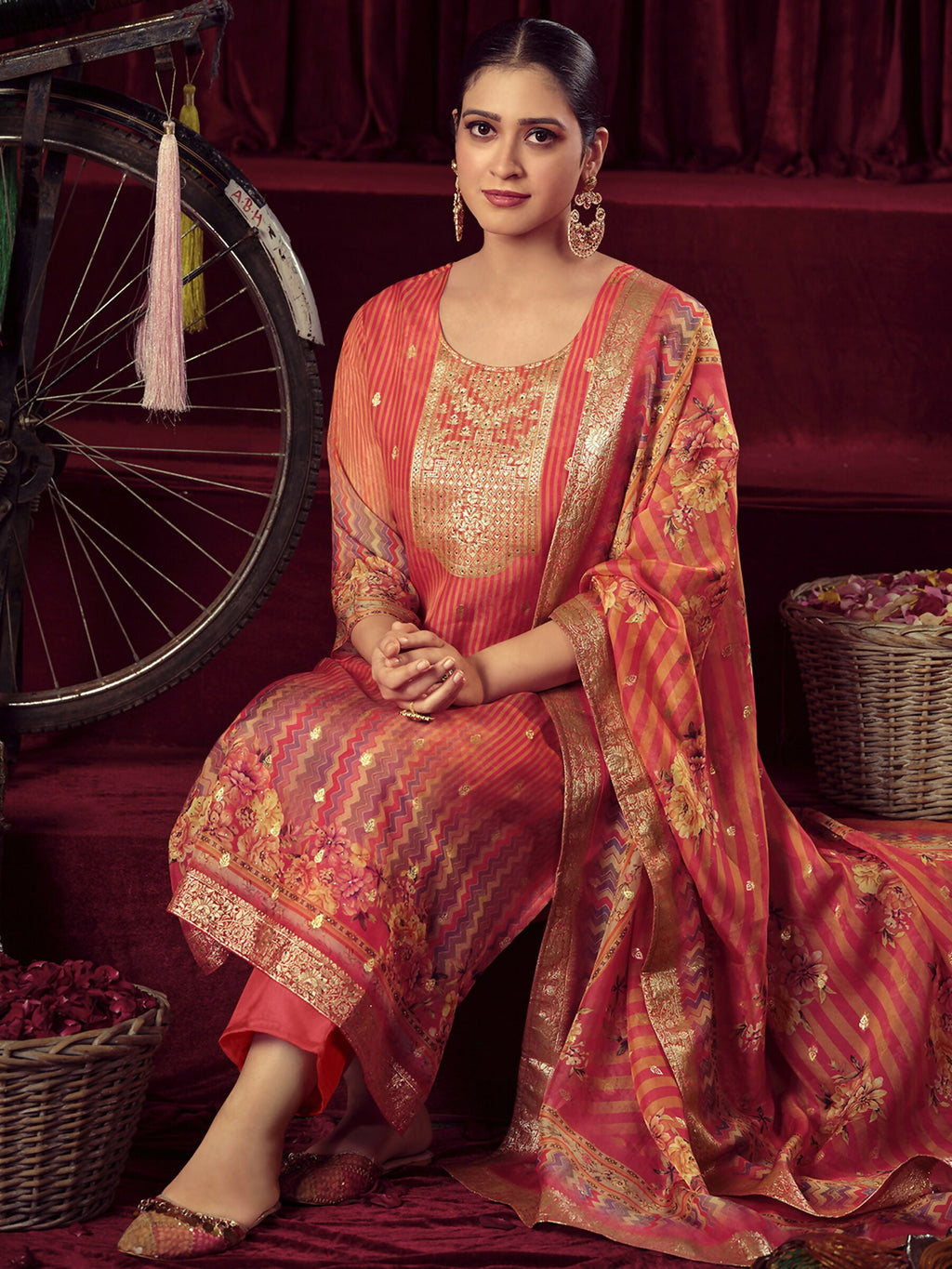 Jyoti Fashion Women's Orange Organza Jacquard Woven Kurta with Trouser & Dupatta