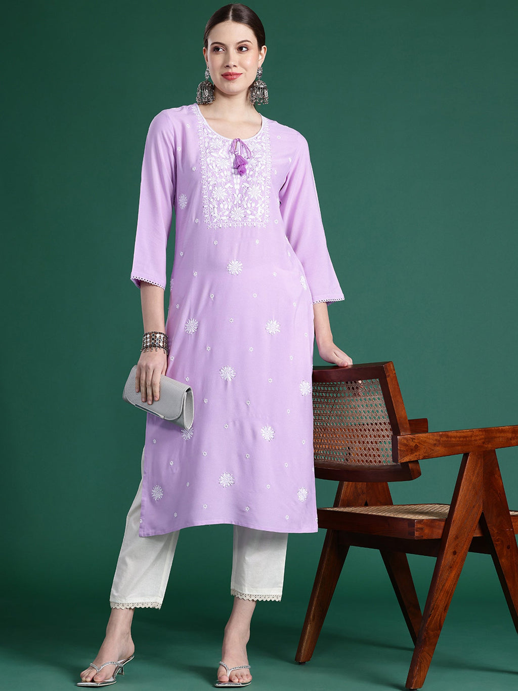 Indo Era Purple Embroidered Straight Kurta