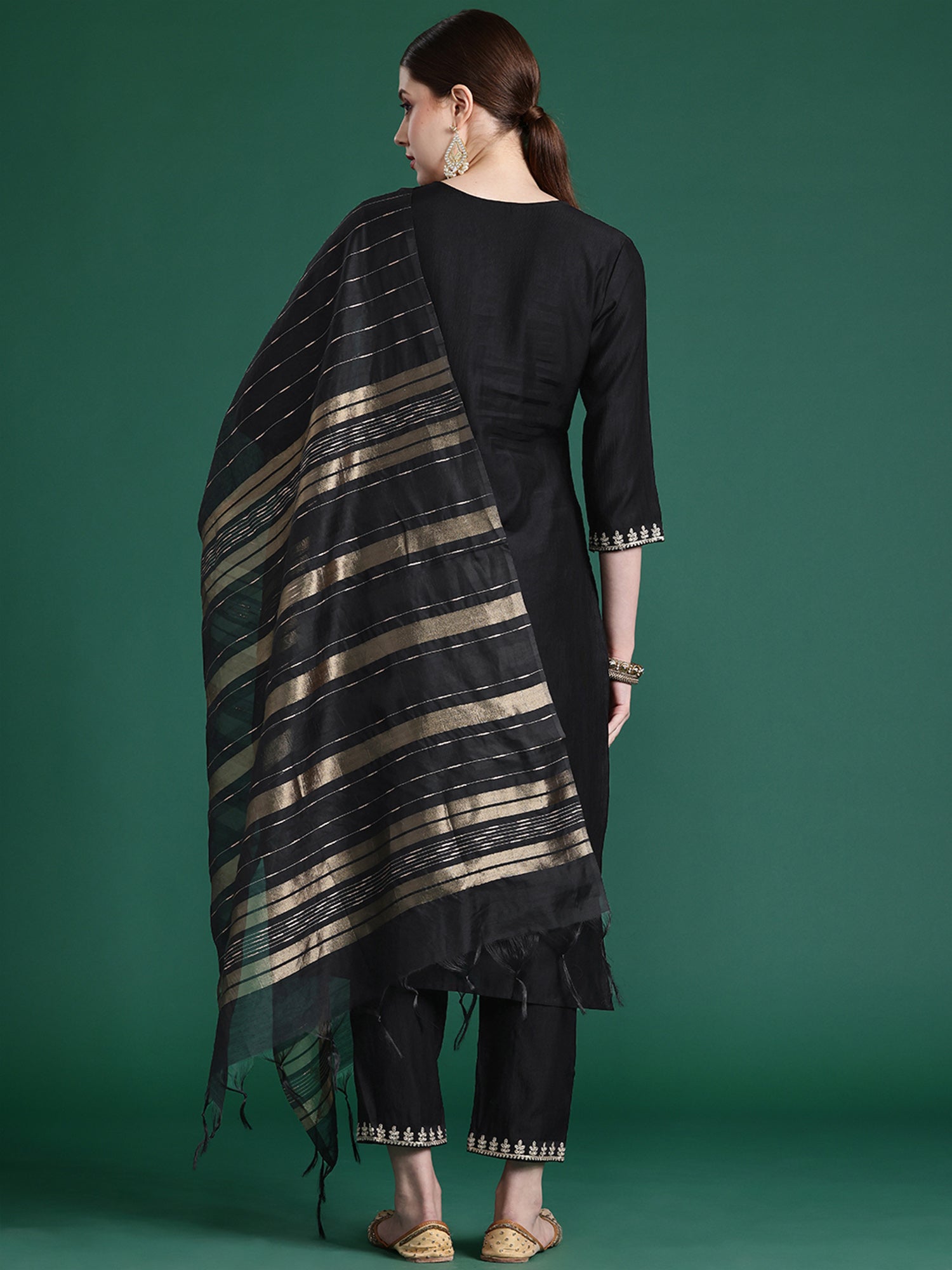 Indo Era Black Embroidered Straight Kurta Trousers With Dupatta set