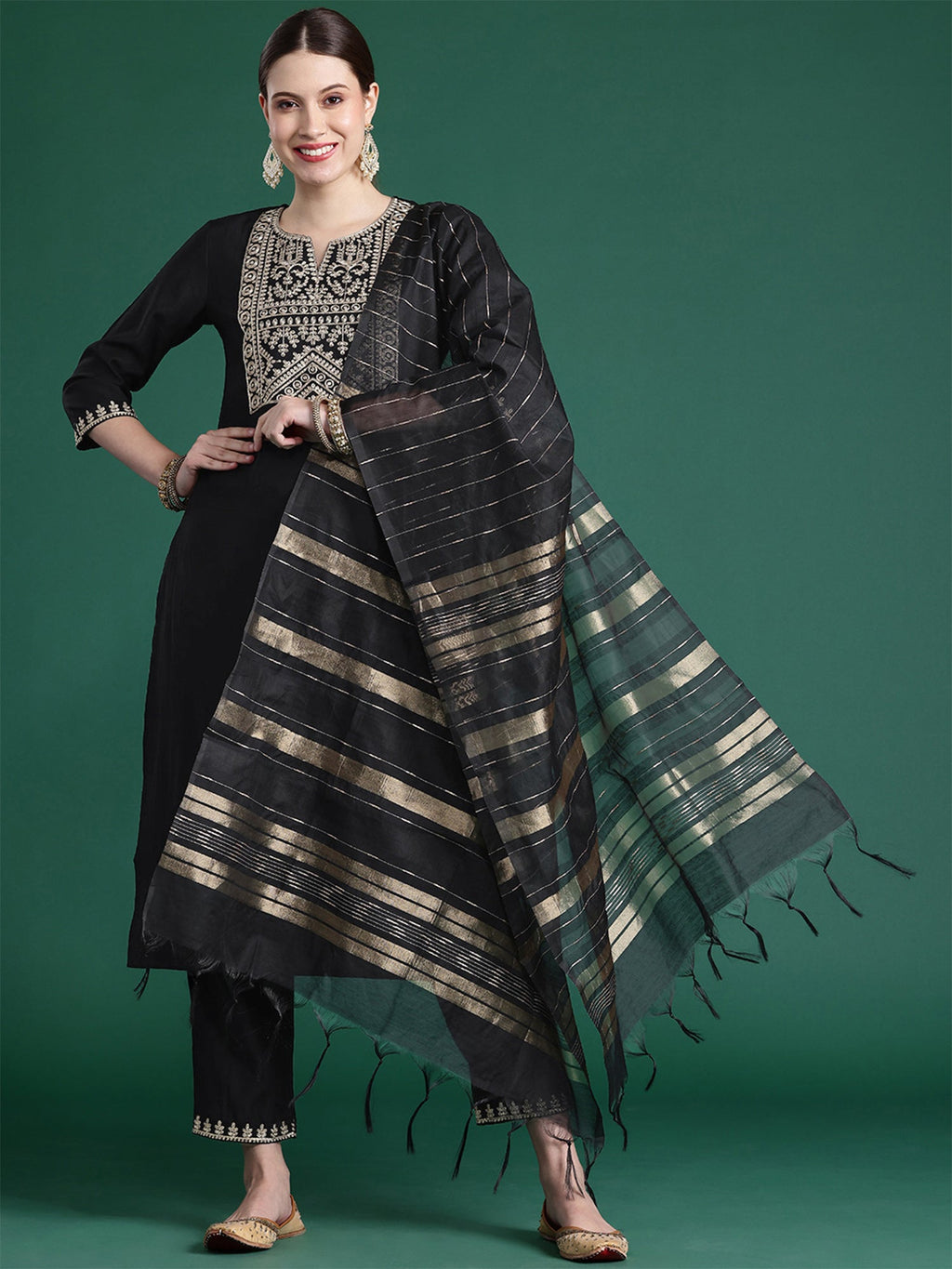 Indo Era Black Embroidered Straight Kurta Trousers With Dupatta set